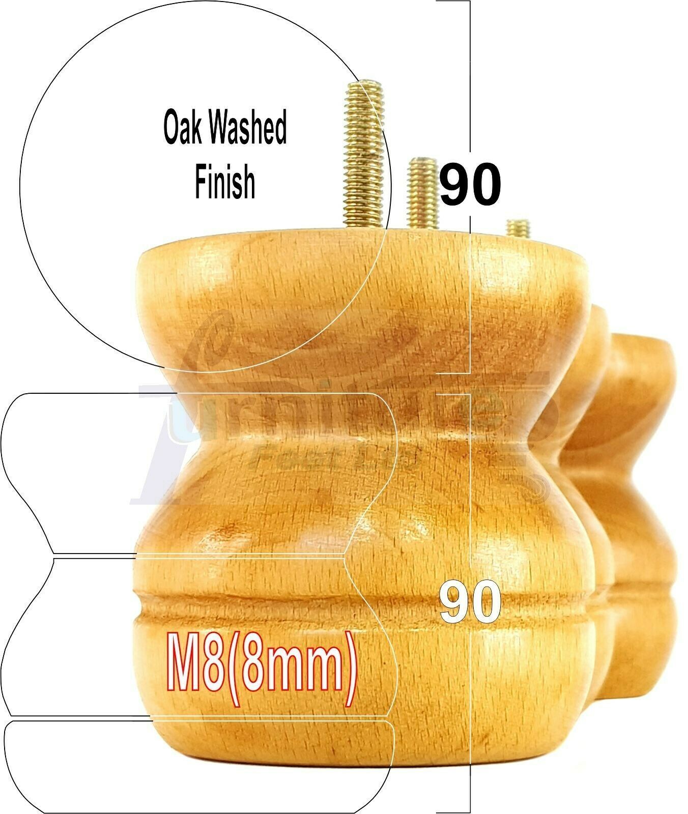 4x Turned Solid Wood Furniture Legs Replacement Bun Feet 90mm High 8mm Thread