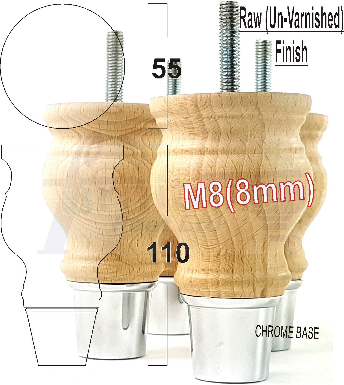 4x Turned Wood Furniture Feet With Slipper Cup M8 Chair Sofa Settee Legs 110mm