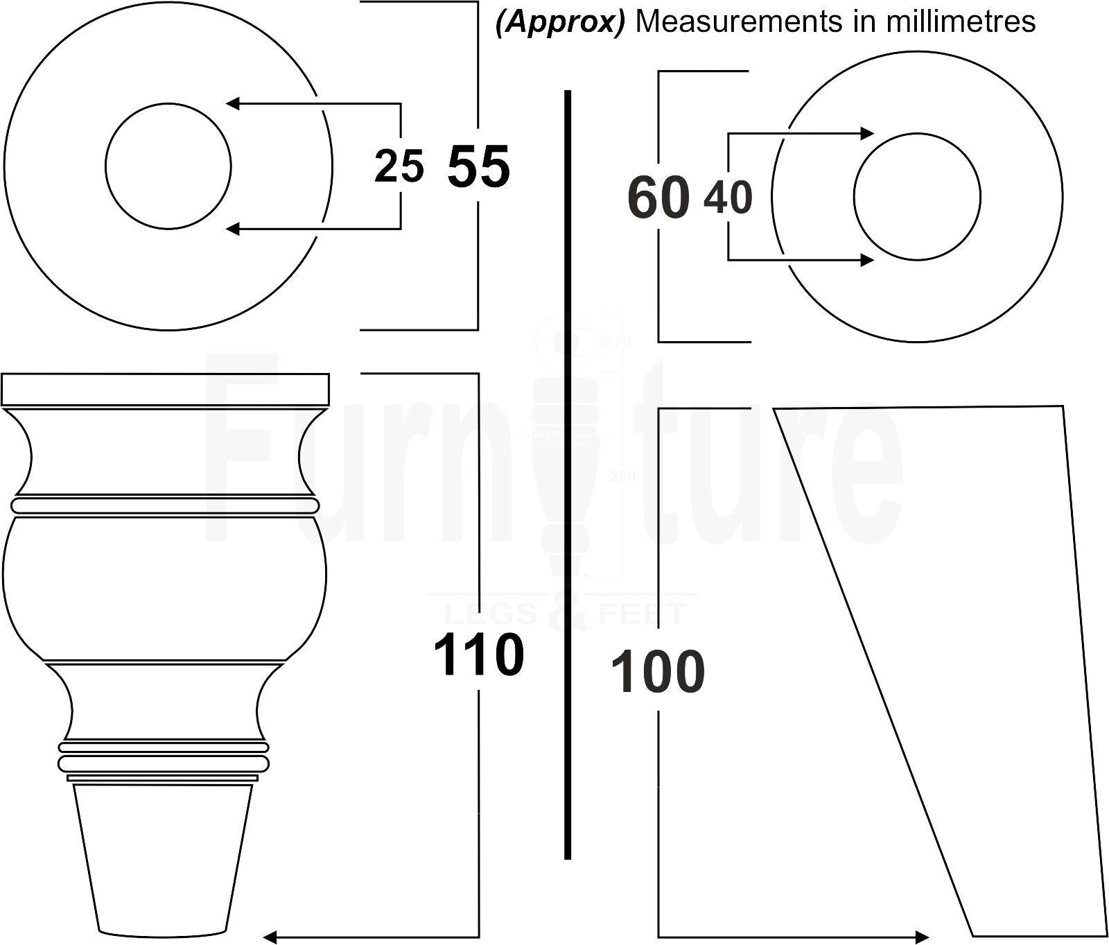 4x Wood Furniture Feet 2 With Brass Slipper Cup M8 Chair Sofa Settee Legs 110mm