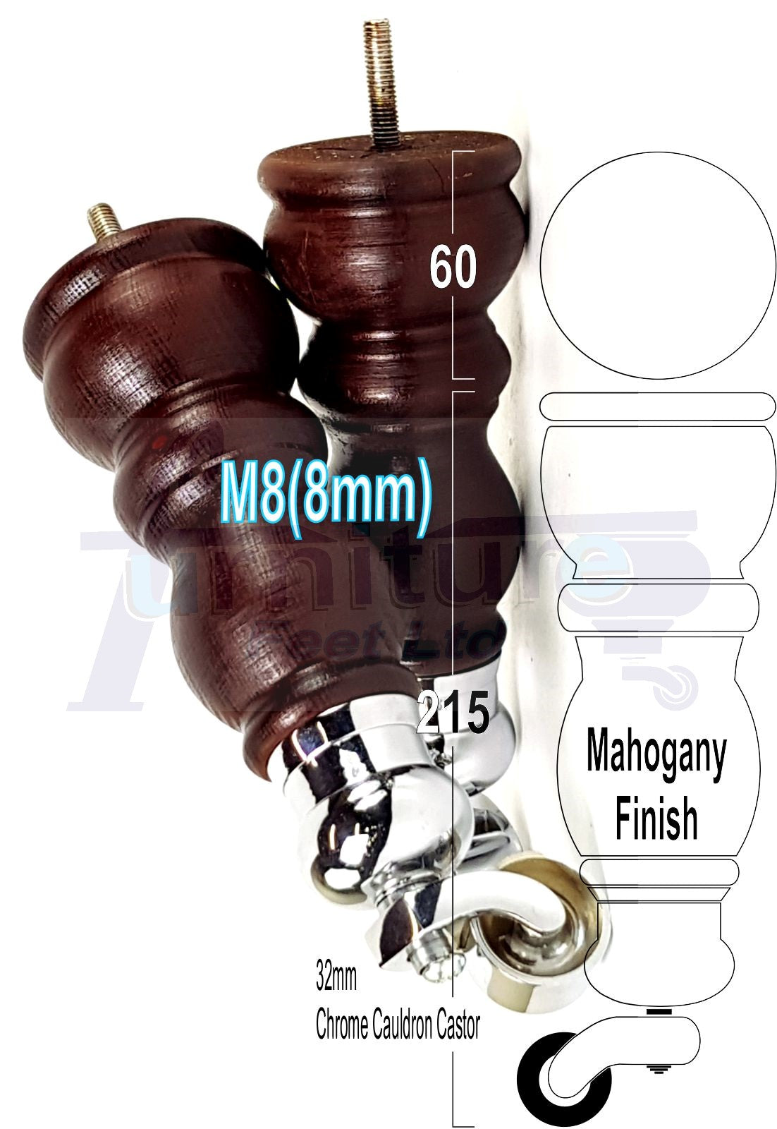 Solid Wood Furniture Feet With Castors Set of 4 Legs 205mm High For Sofas Chairs Cabinets & Beds M8 Mahogany Finish