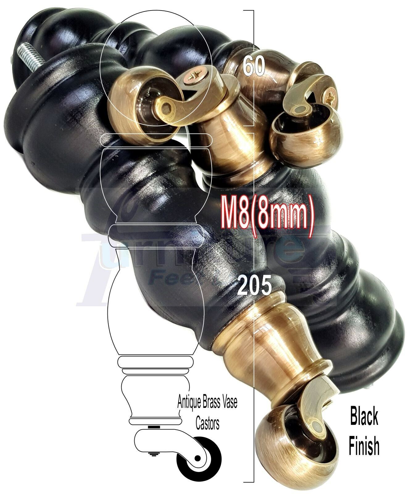 4x Furniture Feet With Castor 205mm High Legs Black Wood M8 Sofas Chairs Stools Cabinets 8 Inches Tall