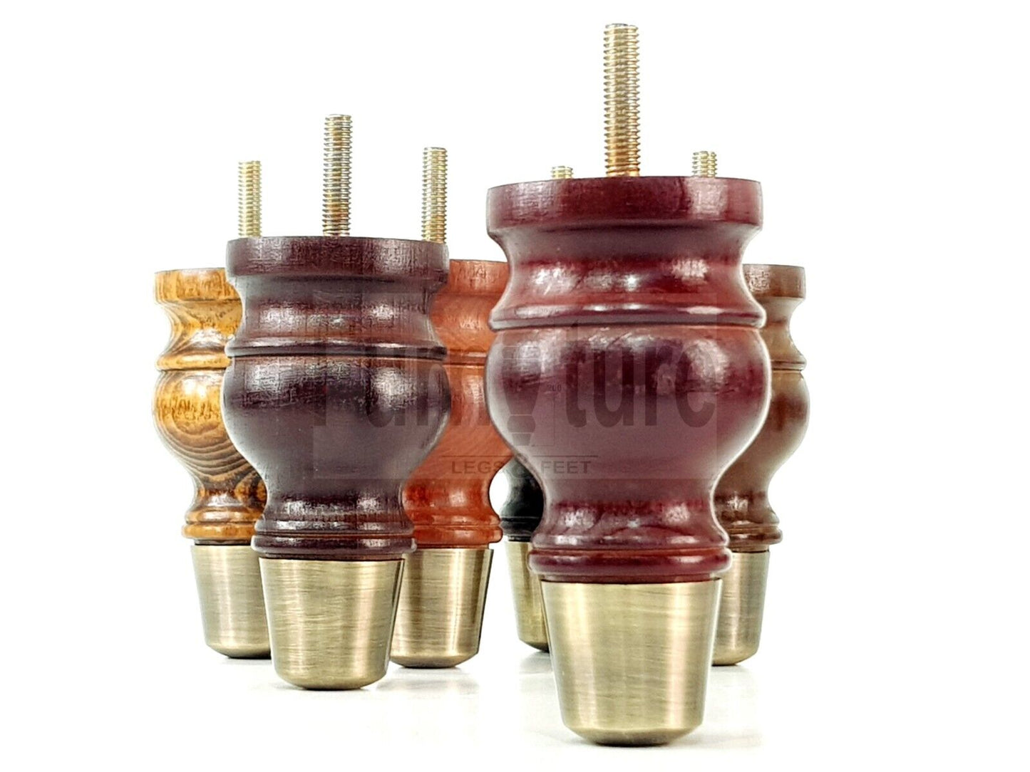 4x Turned Wood Furniture Feet Antique Brass Slipper Cup M8 Chair Sofa Settee Legs 110mm