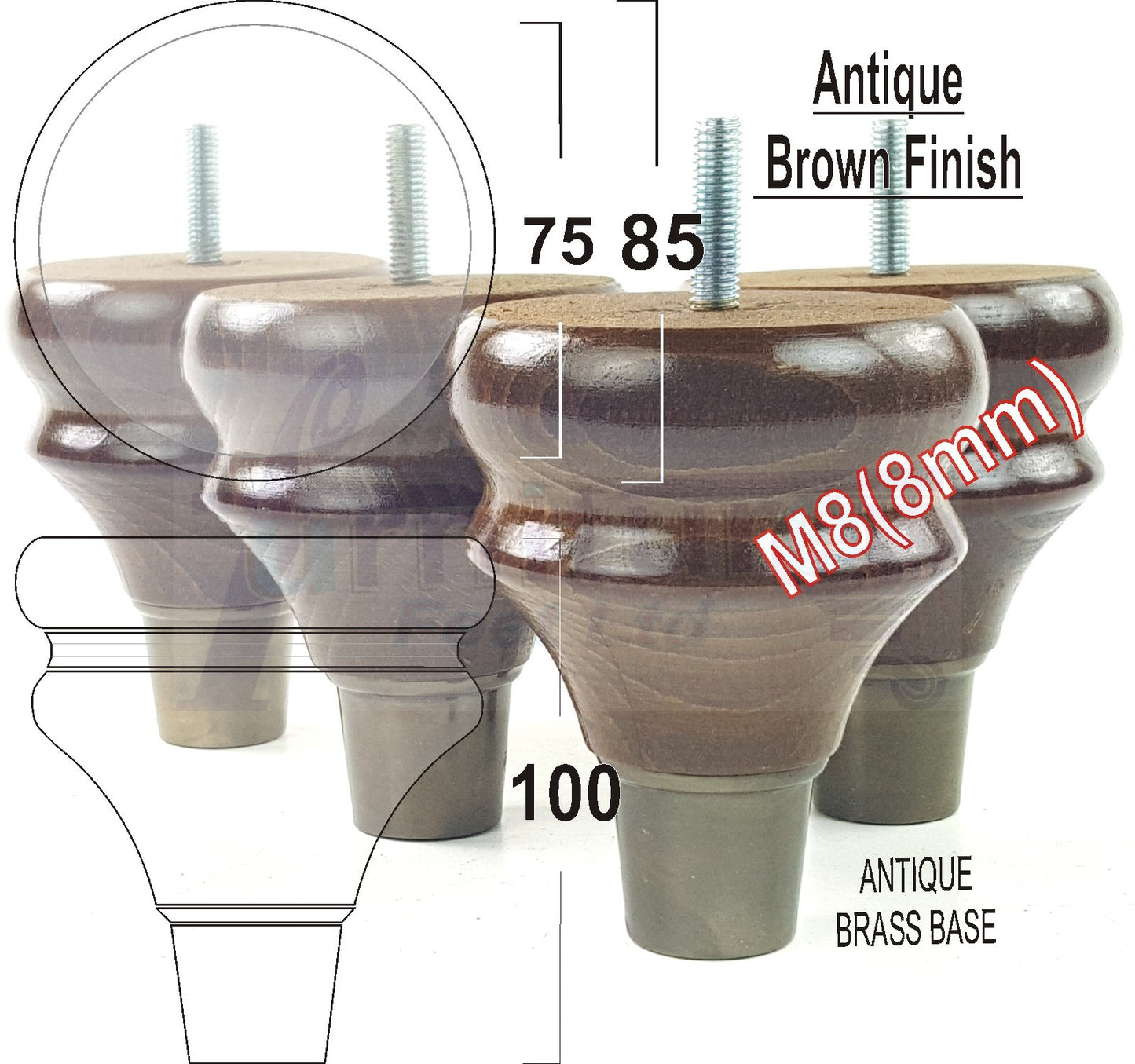 4x Turned Wood Furniture Feet M8(8mm) With Slipper Cup Chair Sofa Settee Legs 110mm
