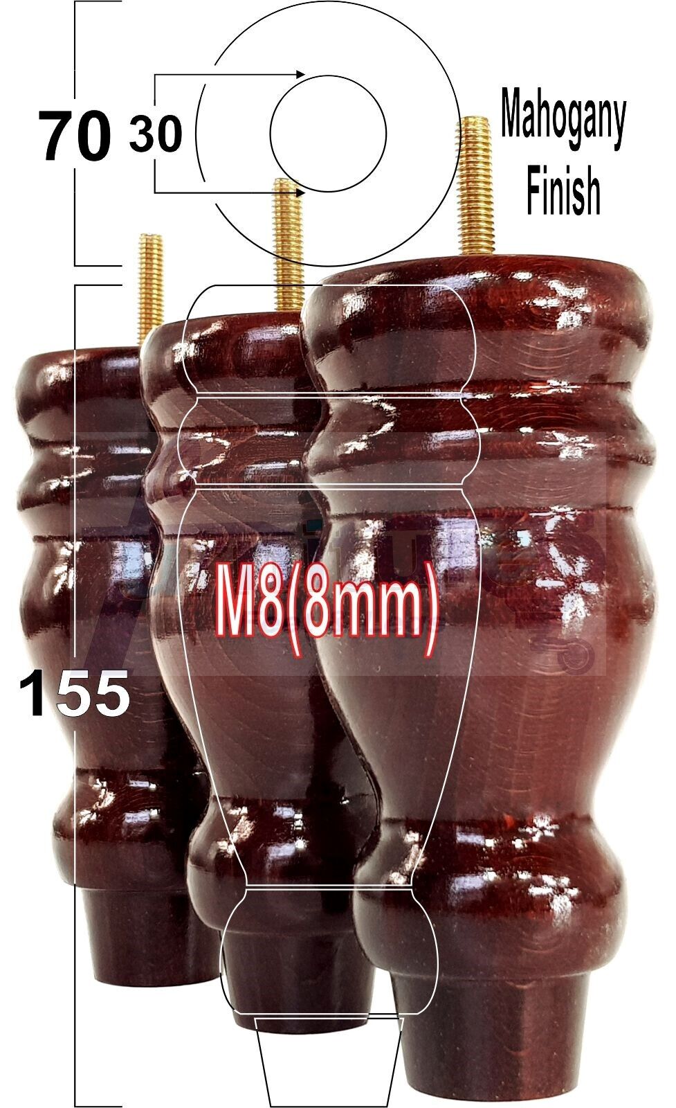 Set Of 4 Turned Wood Furniture Replacement Feet 155mm High 8mm Tread