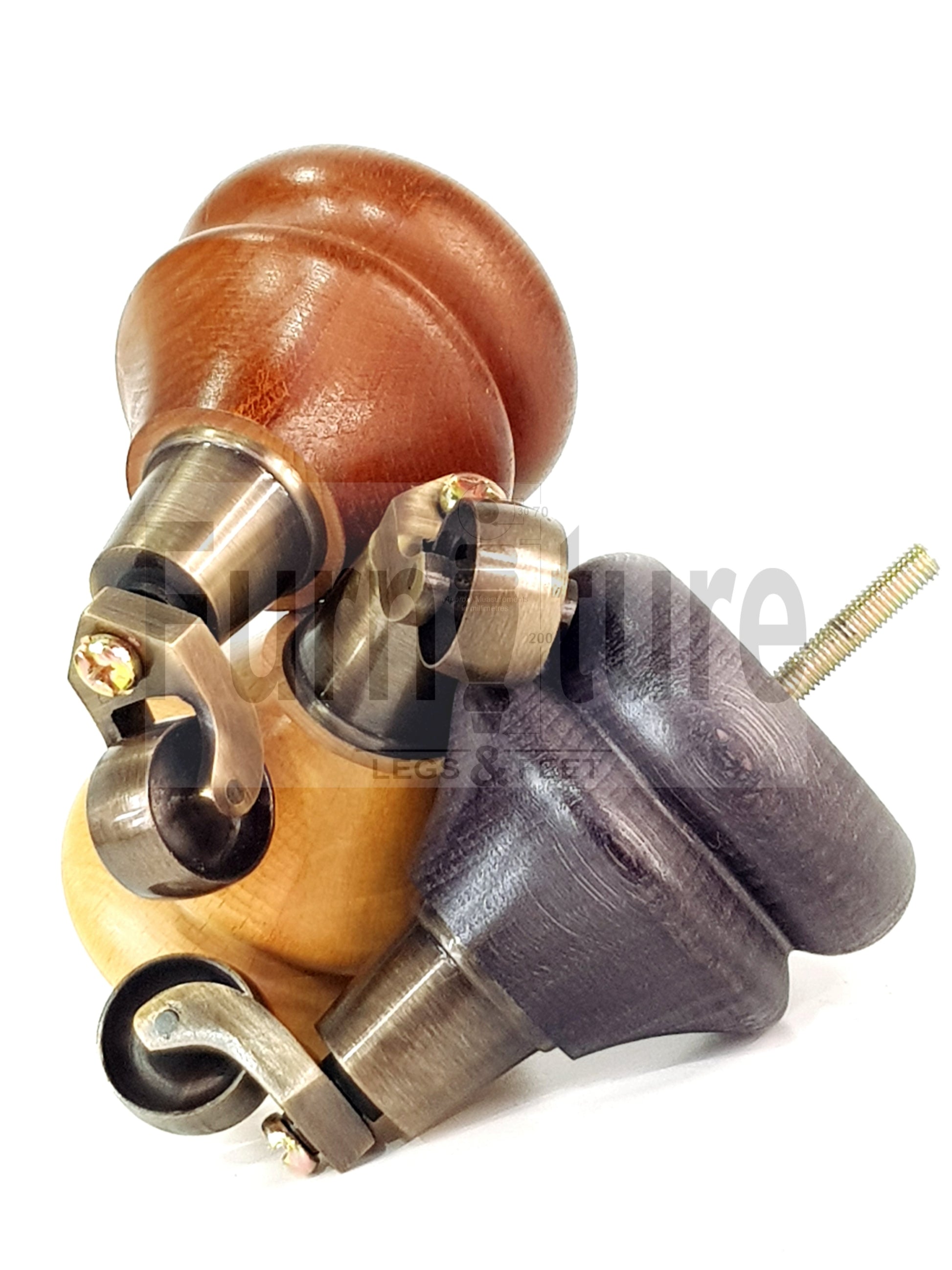 4x Turned Furniture Wood Feet With Antique Brass Castors 140mm Sofas Chairs Settee Cabinets Beds M8(8mm)