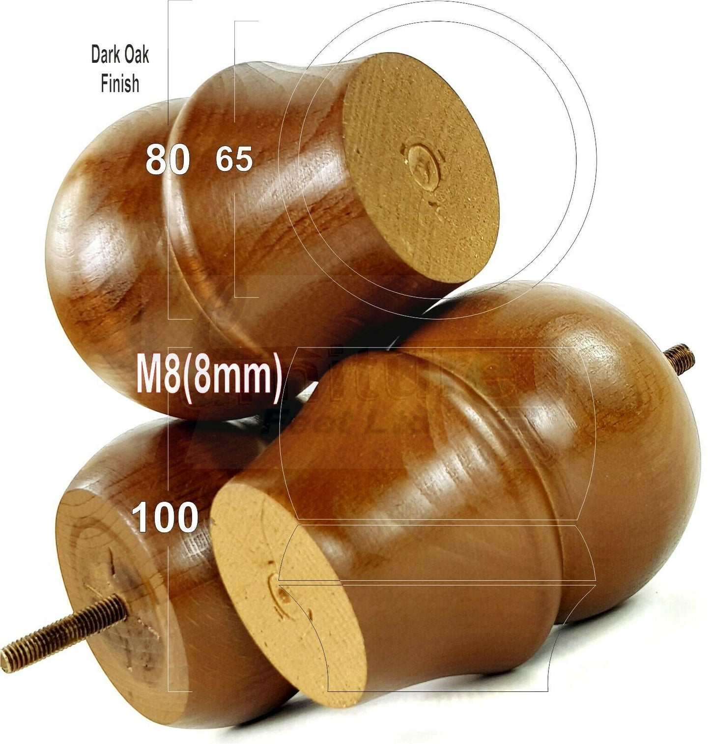 Set Of 4 Solid Wood Turned Furniture Legs Replacement Bun Feet 100mm High 8mm Thread  