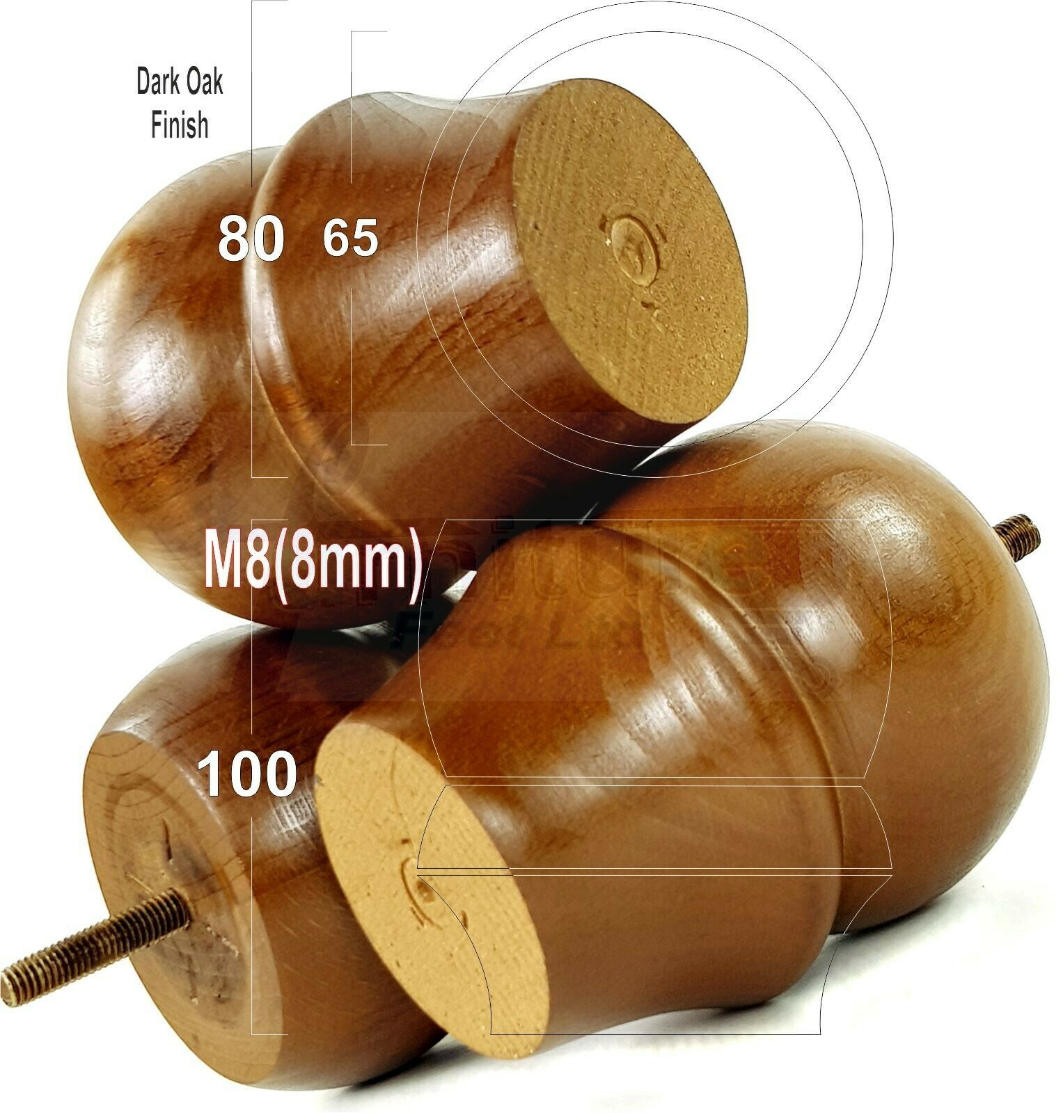 Set Of 4 Solid Wood Turned Furniture Legs Replacement Bun Feet 100mm High 8mm Thread  