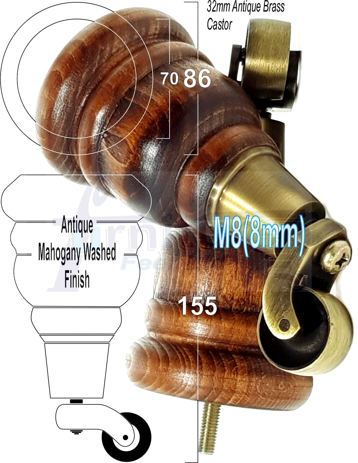 4 Turned Wood Furniture Feet With Antique Brass Castors 155mm Legs Sofas Chairs Stools Cabinets Beds M8 6 Inches