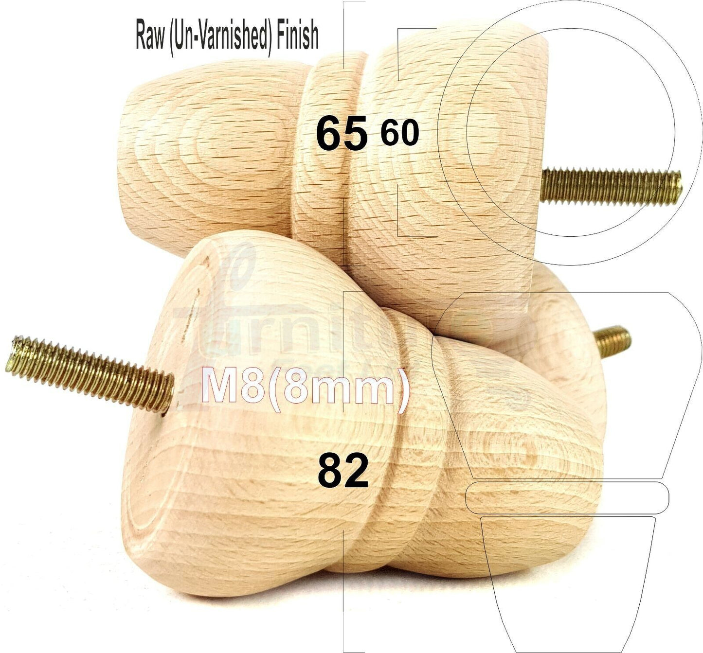 4x Turned Wood Repacement Furniture Legs M8 Sofa Chair Settee Feet 82mm