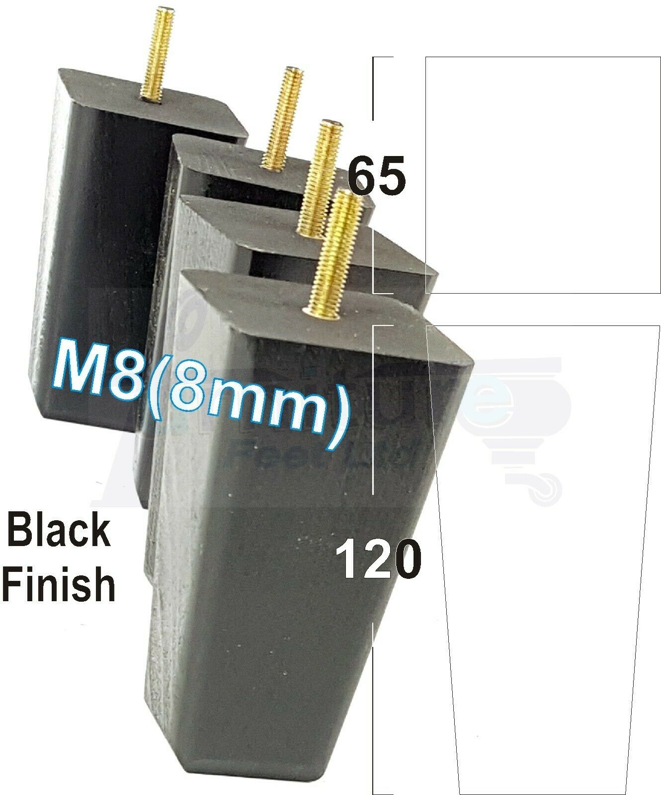 4x Wooden Furniture Legs 120mm High Replacement Square Tapered Feet 8mm