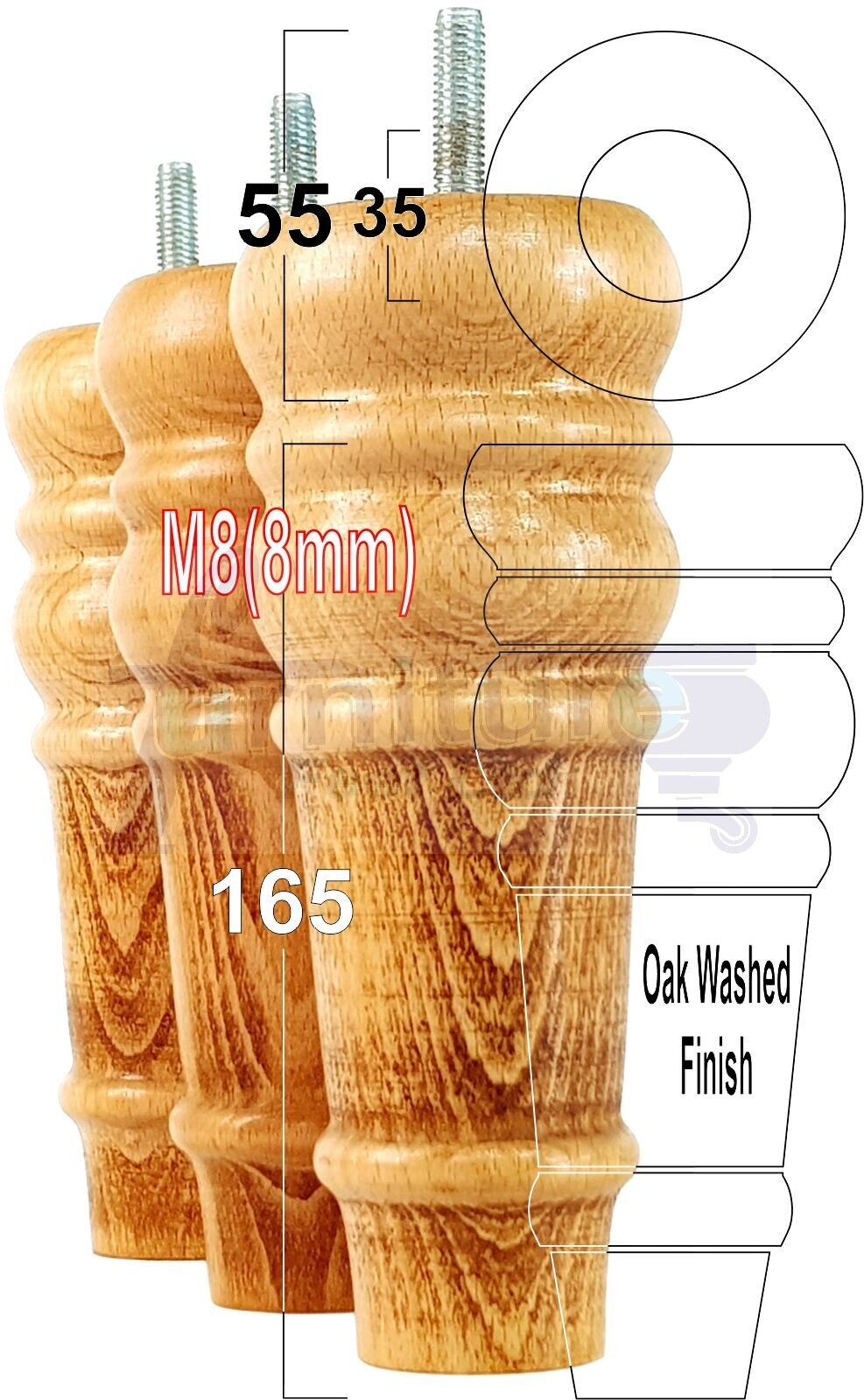 4 Wood Turned Furniture Legs Replacement Bun Feet 165mm High Multiple Colours 6.5 Inches Chairs Stools Sofa's Beds Settee Cabinets M8