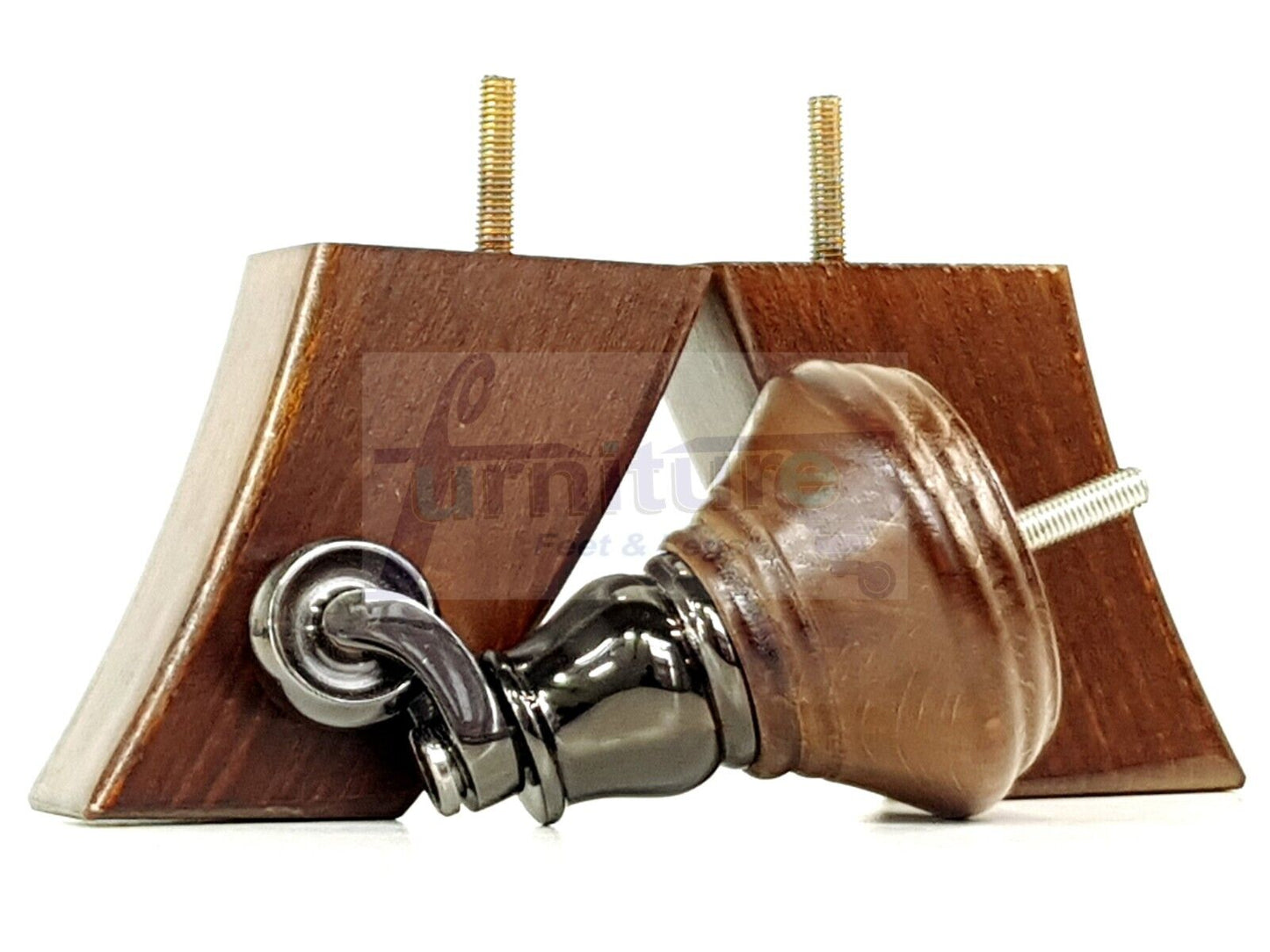 2 Antique Brown Wood Furniture Sofa Feet With Castor 125mm & 2 Curved Legs Chair Settee 100mm High M8