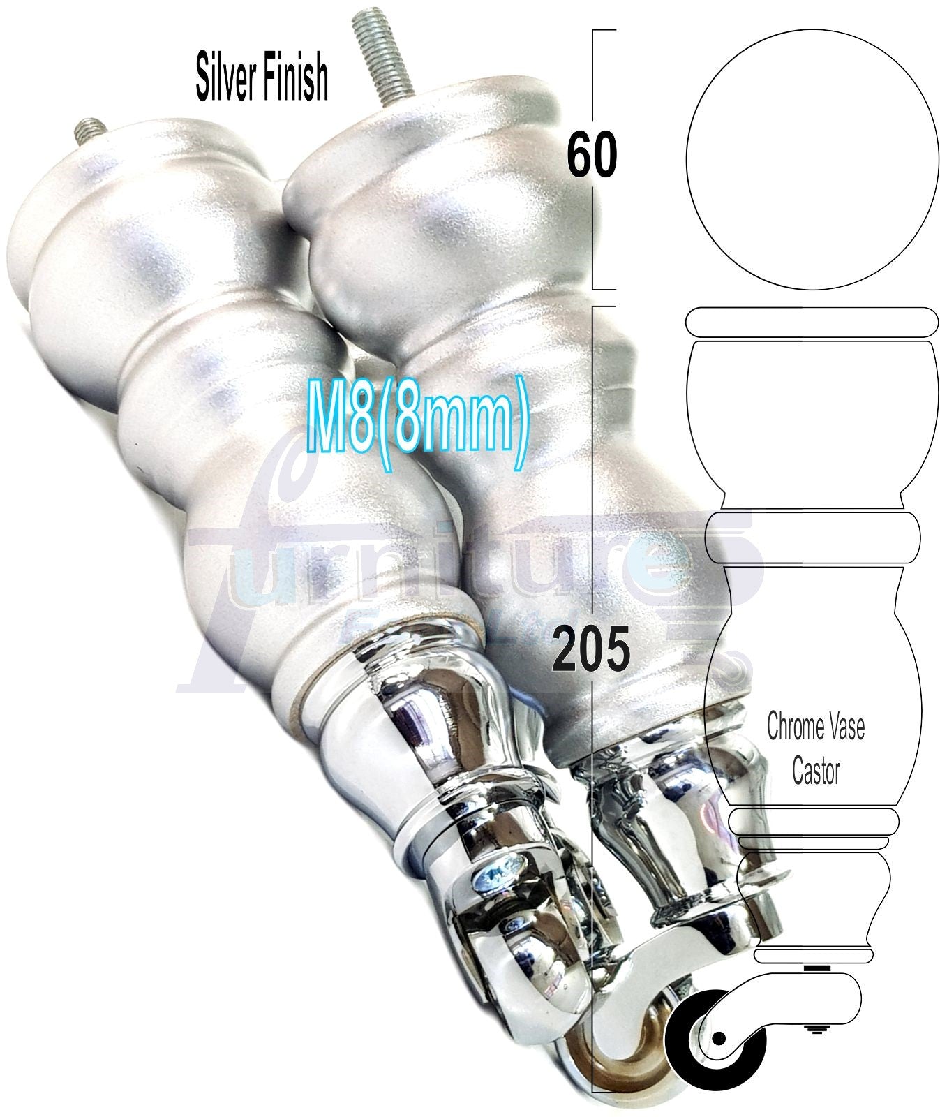 4x Furniture Feet With Castor 205mm High Legs Silver Wood M8 Sofas Chairs Stools Cabinets 8 Inches Tall