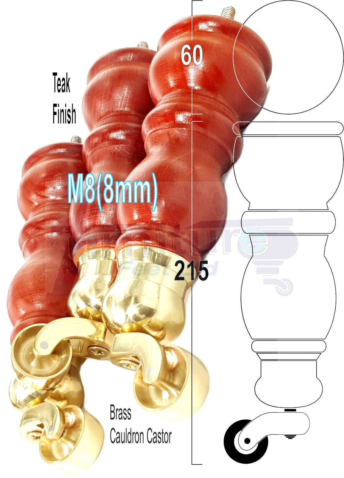Solid Wood Furniture Feet With Castors Set of 4 Legs 205mm High For Sofas Chairs Stools Cabinets & Beds M8