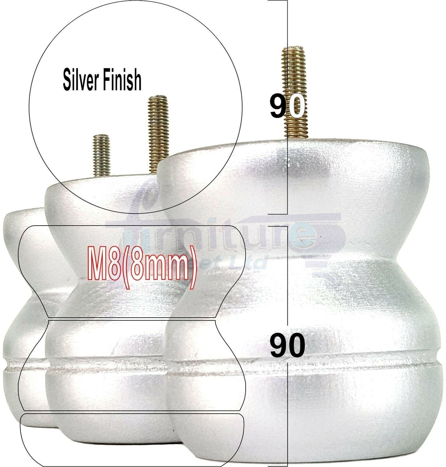 4x Turned Solid Wood Furniture Legs Replacement Bun Feet 90mm High 8mm Thread