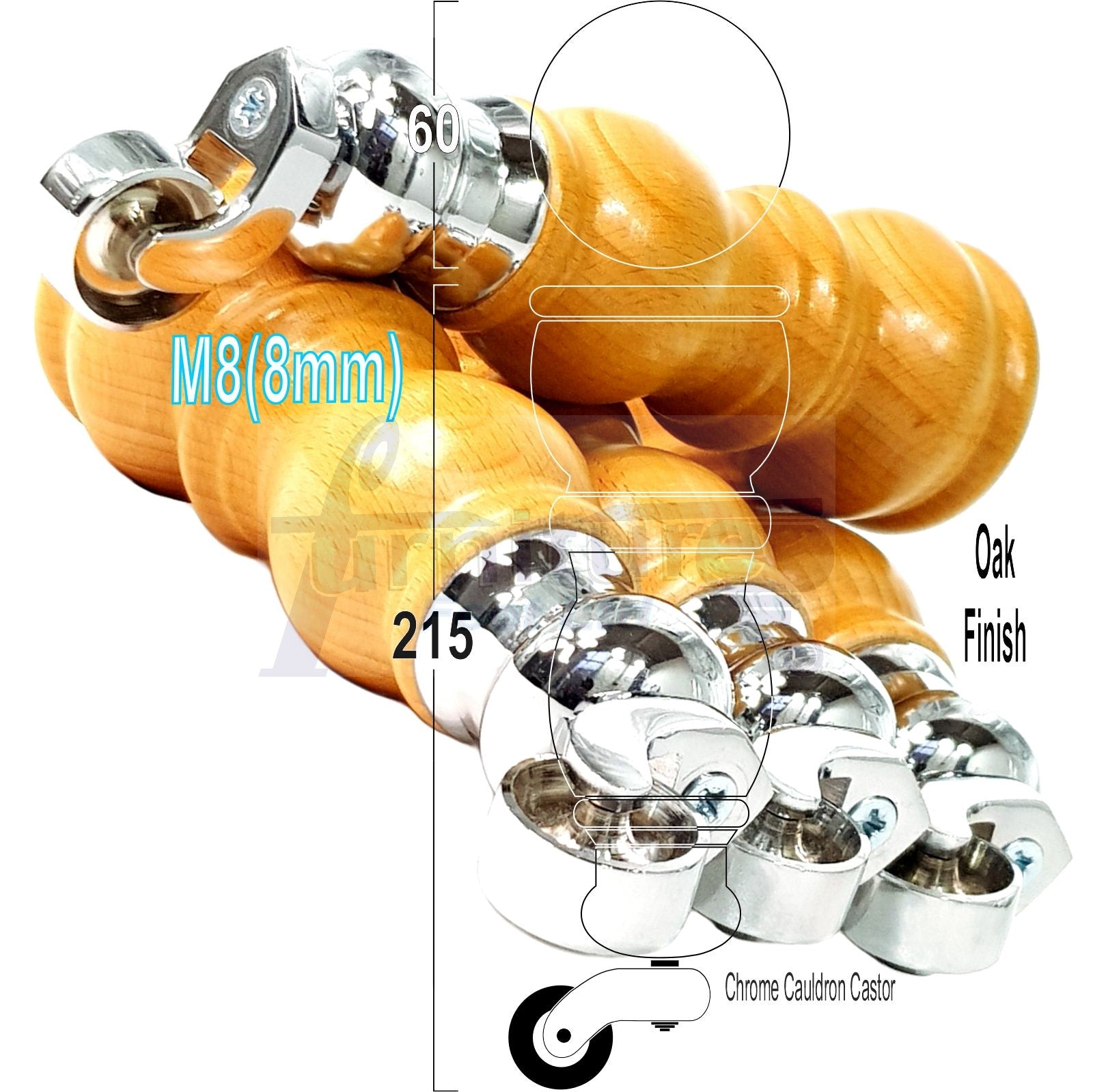 Solid Wood Furniture Feet With Castors Set of 4 Legs 205mm High For Sofas Chairs Stools Cabinets & Beds M8