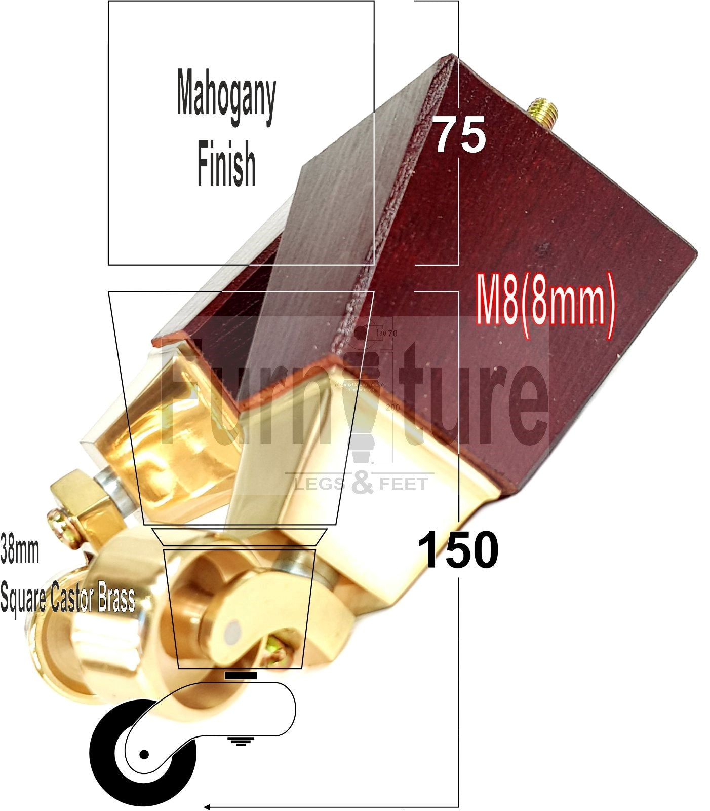 4x Block Wood With Castor Furniture Legs 8mm Thread For Chairs Settees Sofa 150mm