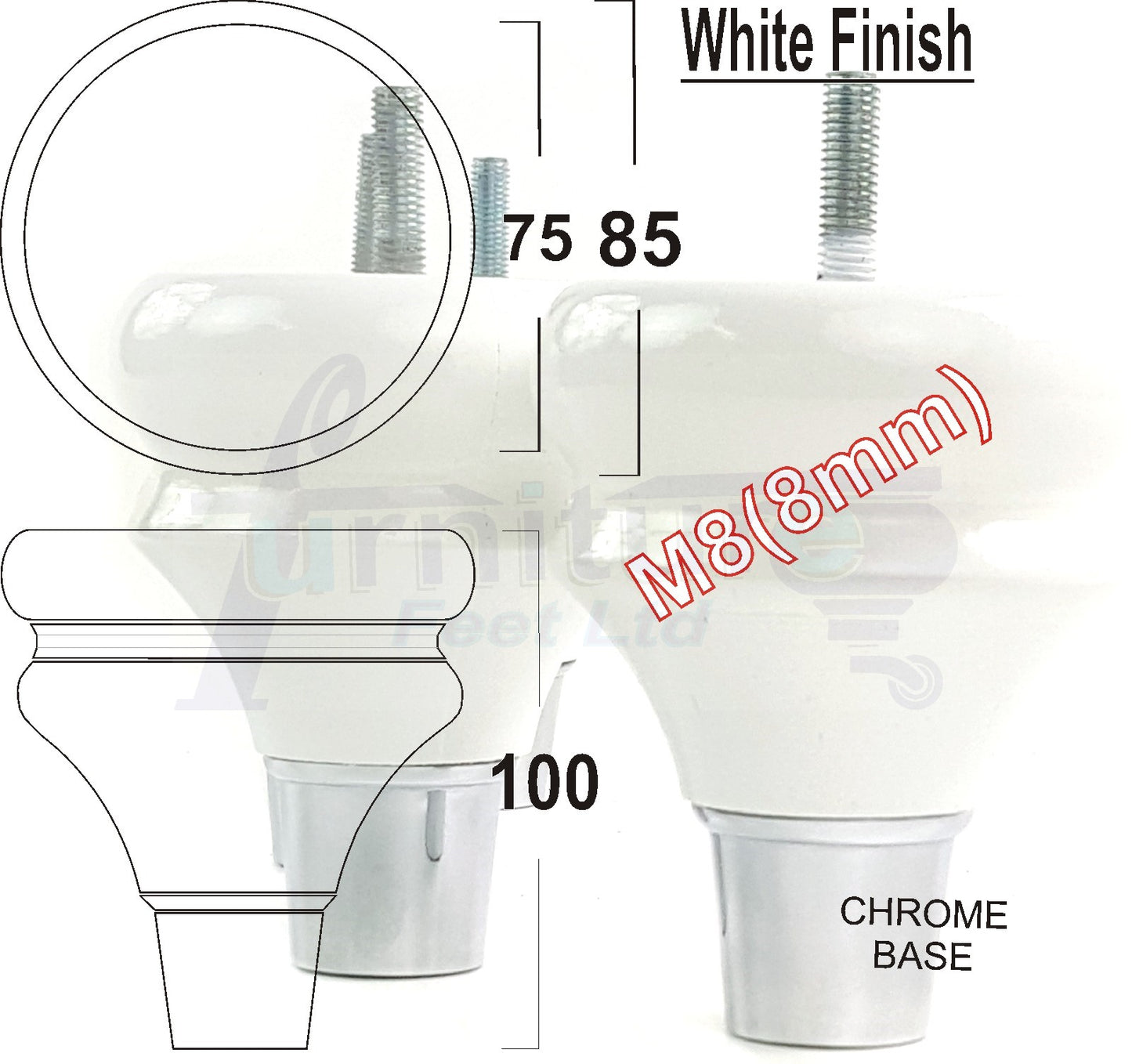 4x Turned Wood Furniture Feet M8(8mm) With A Chrome Slipper Cup Chair Sofa Settee Legs 100mm