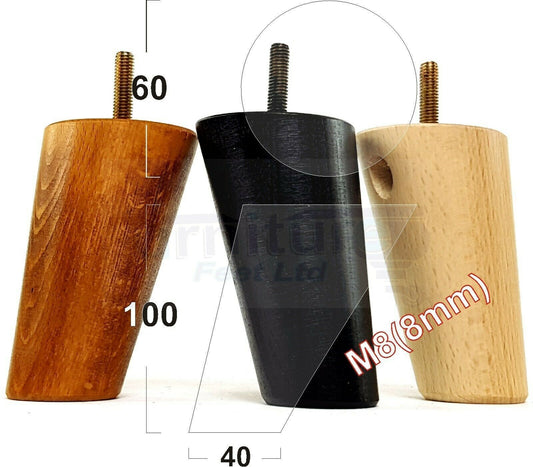 4 Solid Wood Turned Furniture Feet Replacement Mid Centry Angled Retro Legs 100mm High M8 Sofa Chairs Stools Cabinets Beds