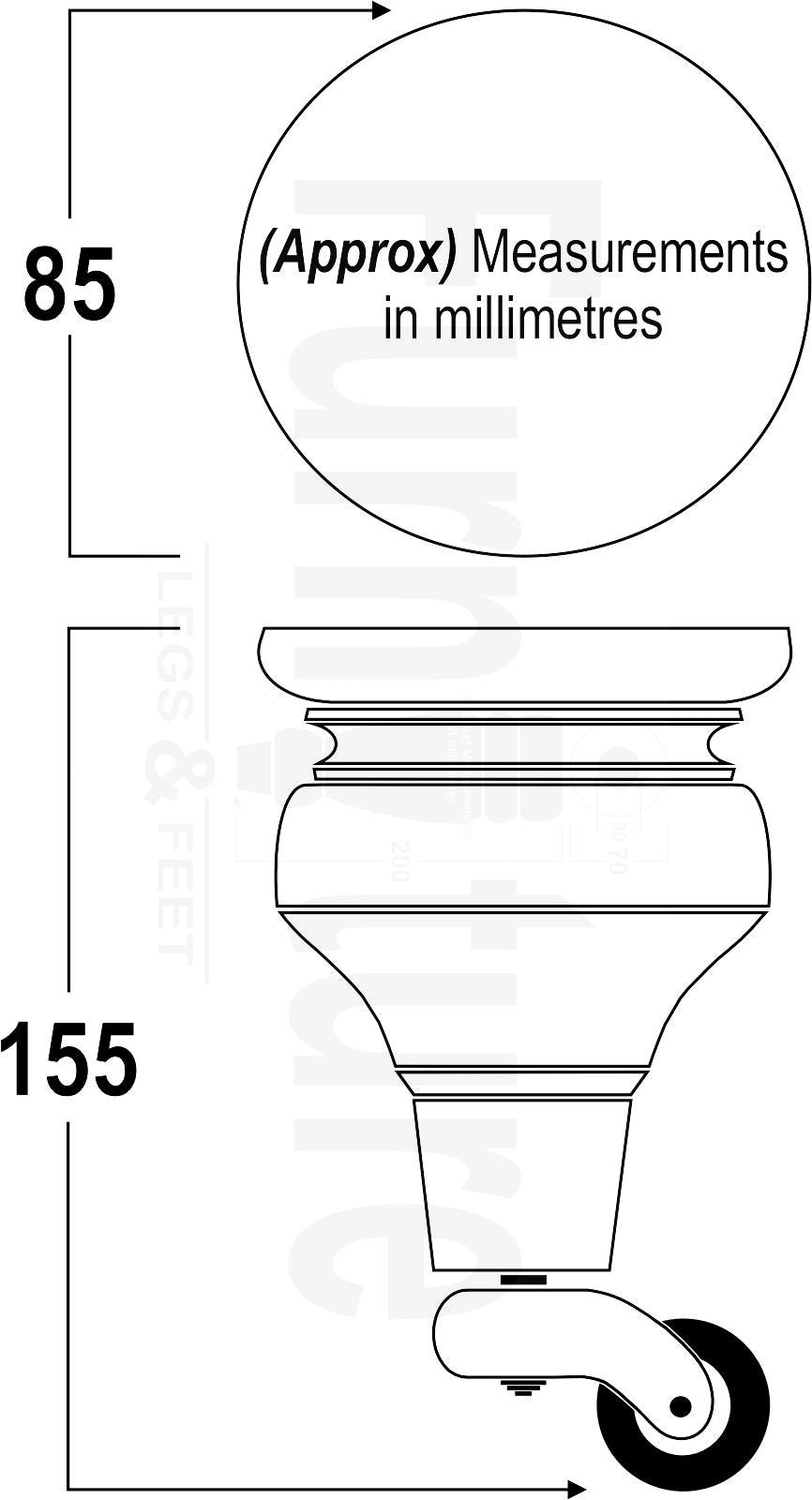 Wood Furniture Legs Replacement Feet 6 Inches with Antique Brass Castors 155mm High M8 Dowl Fixing - Mahogany Finish