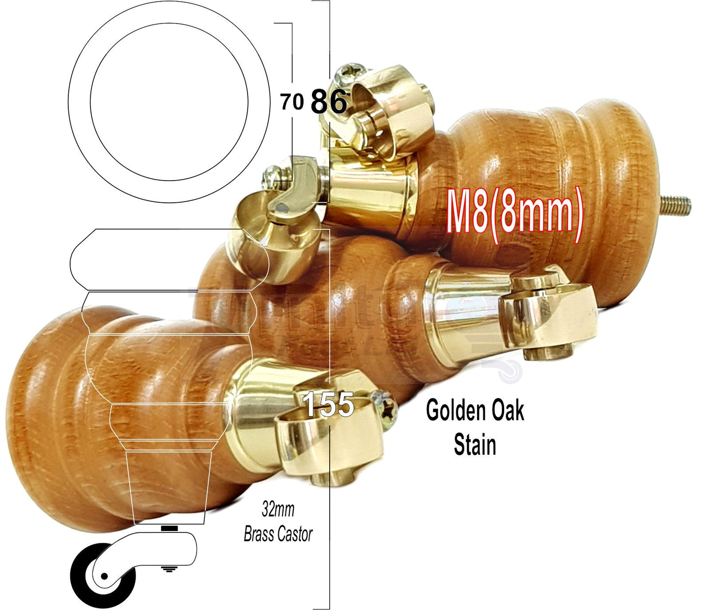 4 Turned Wood Furniture Feet With Brass Castors 155mm Legs Sofas Chairs Stools Cabinets Beds M8 6 Inches