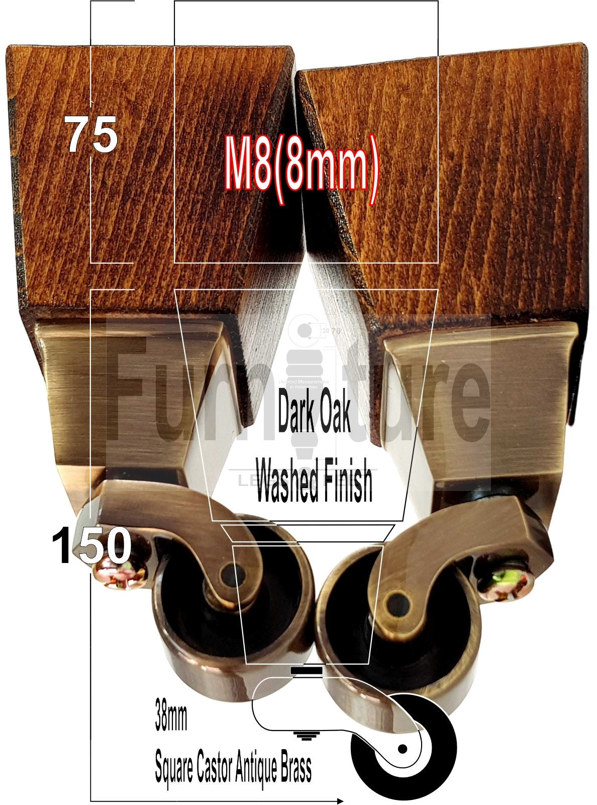 4x Block Wood Furniture Legs With Castor 8mm Thread For Chairs Settees Sofa 150mm High