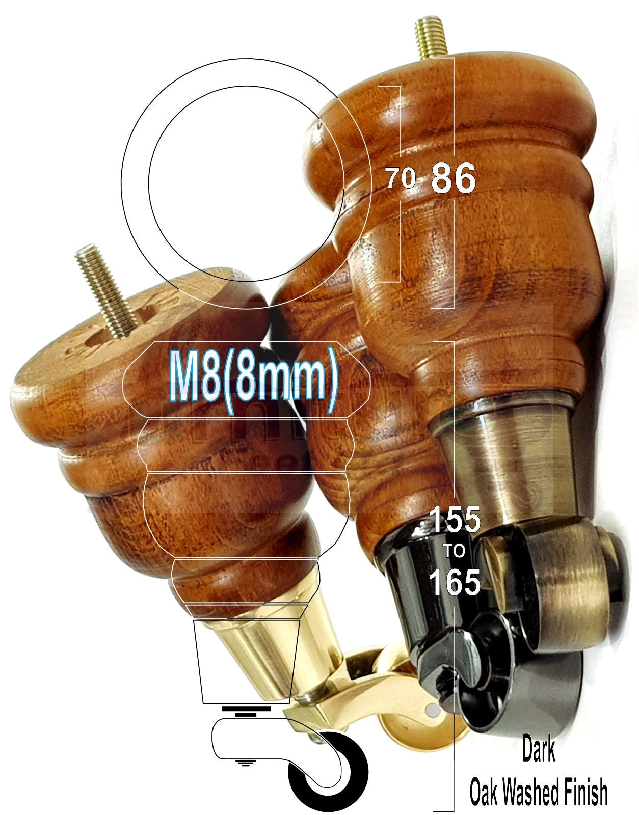 4 Turned Wood Furniture Feet With Chrome Castors 155mm Legs Sofas Chairs Stools Cabinets Beds M8 6 Inches
