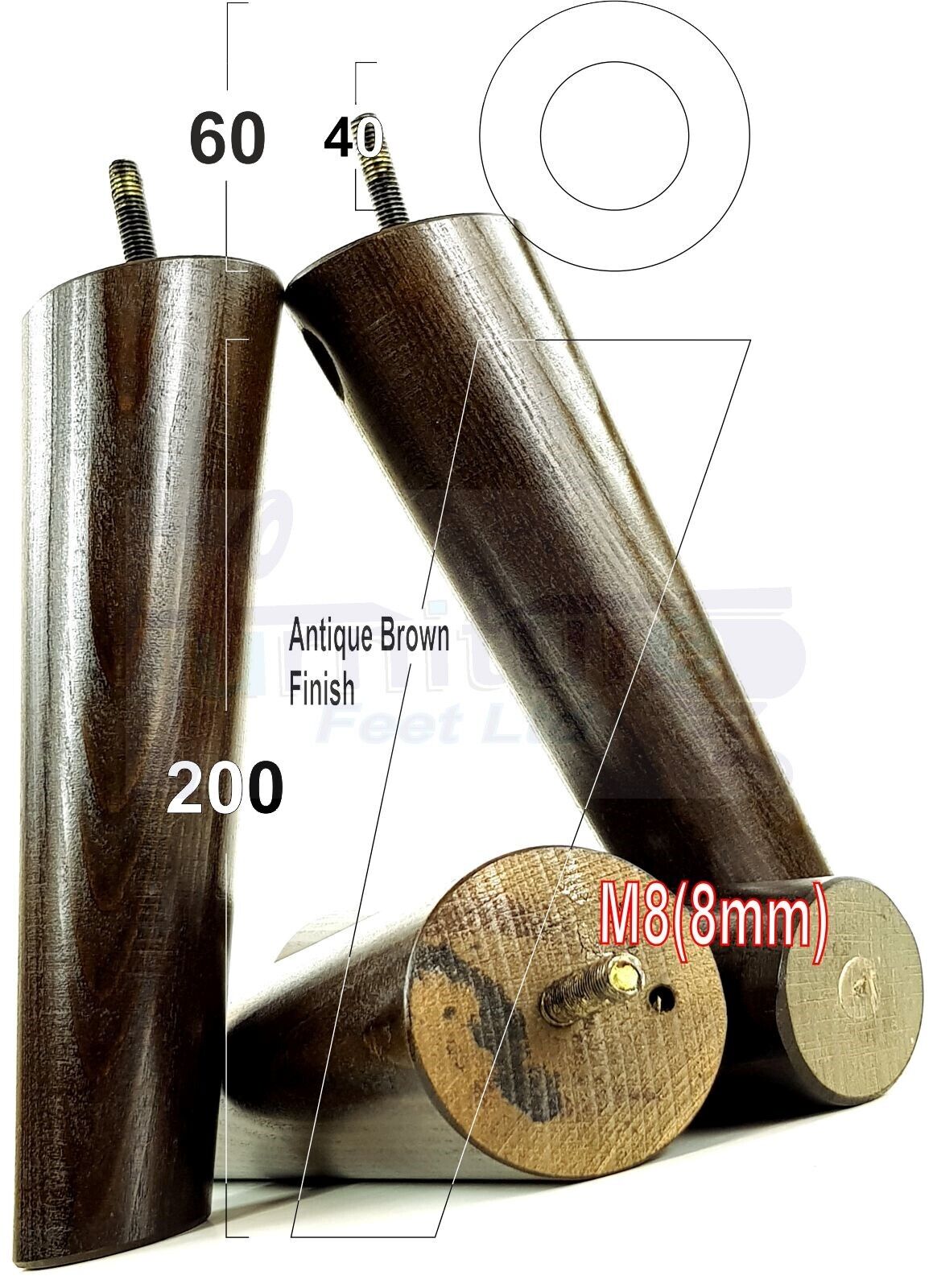 4 Solid Wood Turned Furniture Feet Replacement Mid Centry Angled Retro Legs 200mm High M8 Sofa Chairs Stools Cabinets Beds