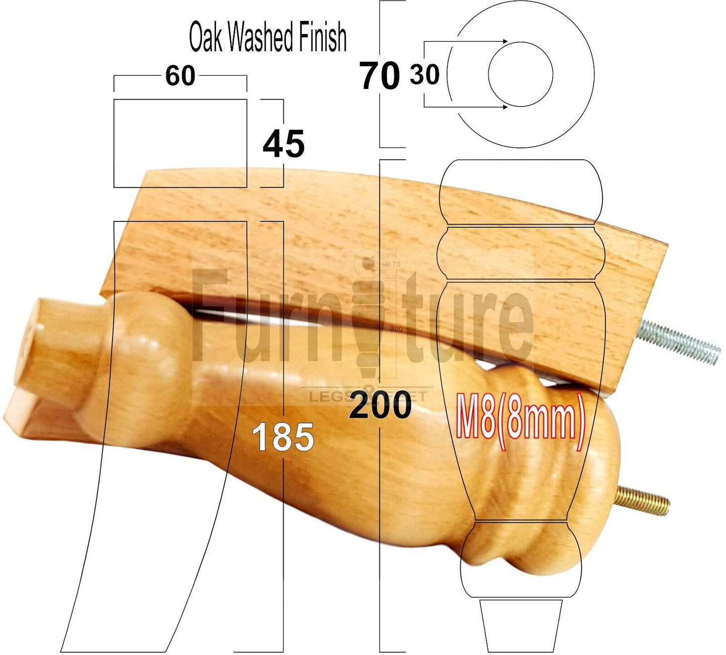 2 Traditional Turned Furniture Feet Replacement Sofa Legs 200mm & 2 Curved Back Legs 185mm for Chairs Stools Sofa Beds Settee Cabinets M8