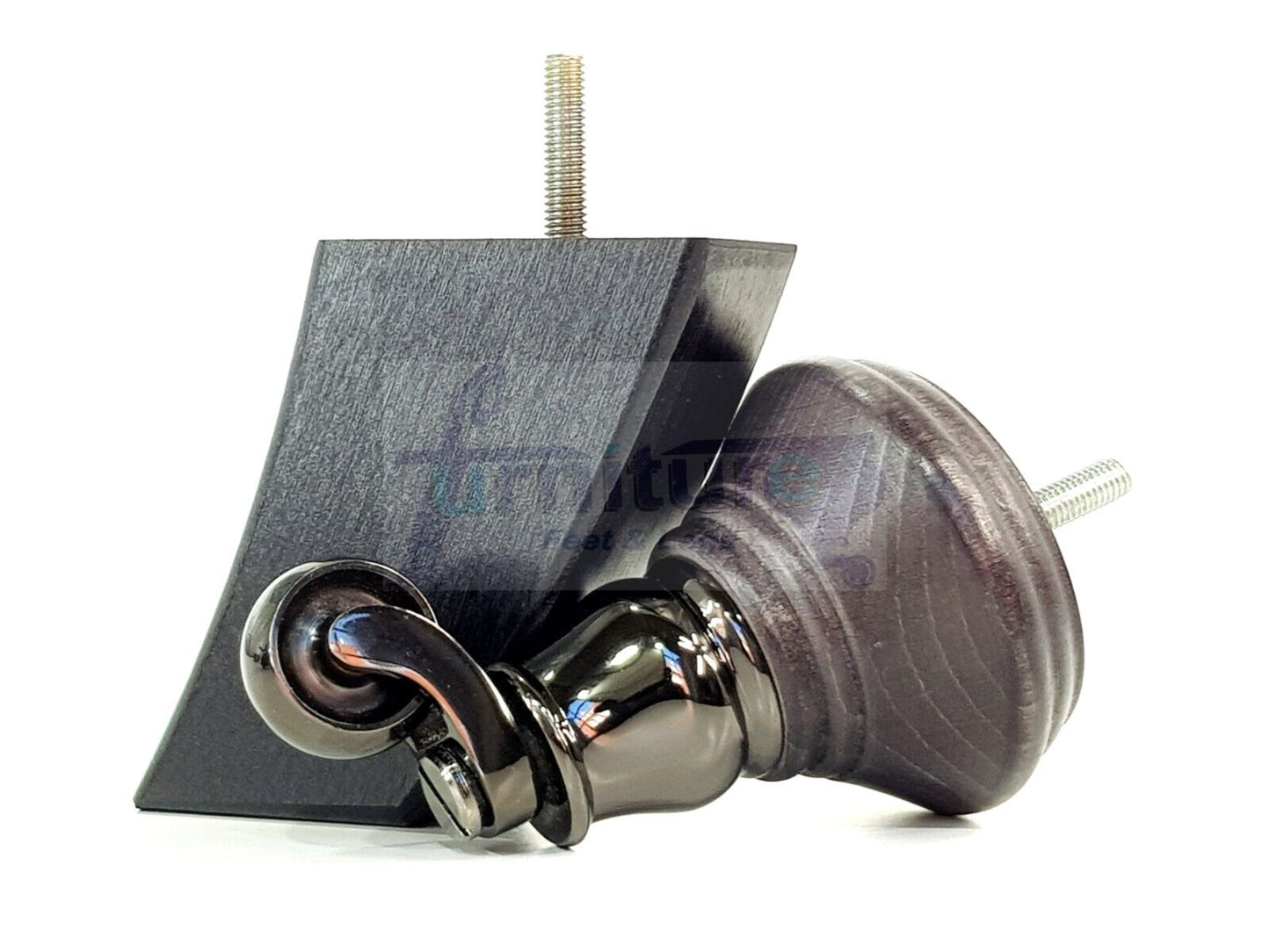 2 Black Stain Wood Furniture Sofa Feet With Castor 125mm & 2 Curved Legs Chair Settee 100mm High M8