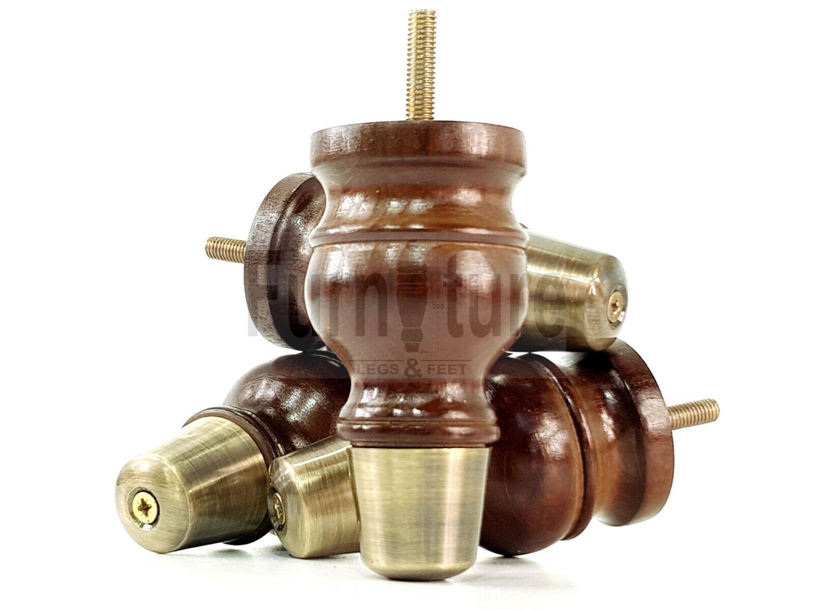 4x Turned Wooden Furniture Leg Antique Brass Slipper Cup Sofa, Chair Feet 110mm High M8