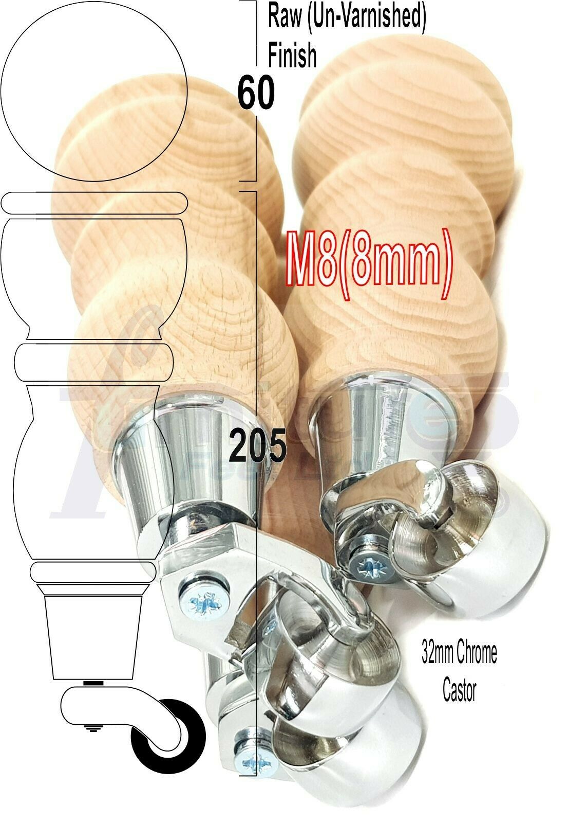 4x Furniture Feet With Castor 205mm High Legs Raw Wood M8 Sofas Chairs Stools Cabinets 8 Inches Tall