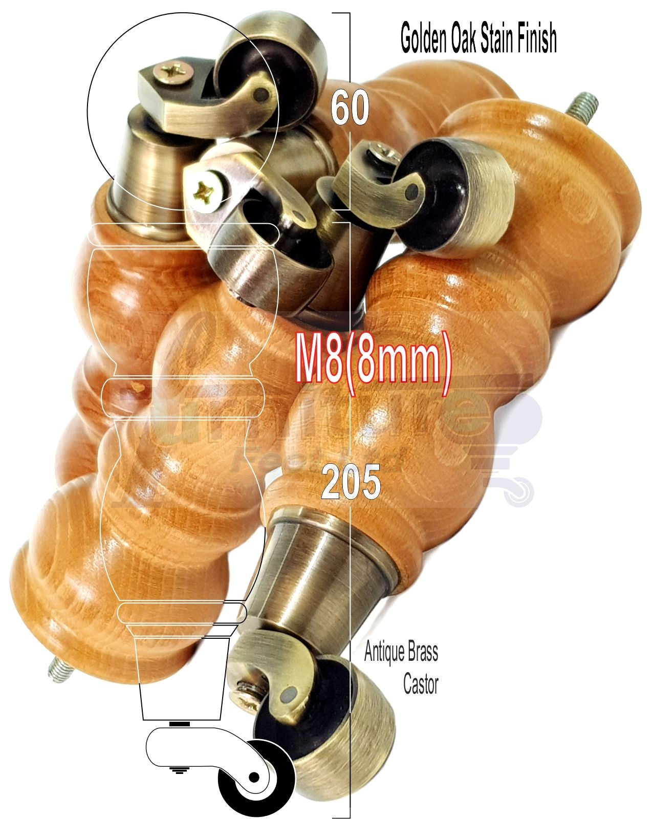 Solid Wood Furniture Feet With Castors Set of 4 Legs 205mm High For Sofas Chairs Stools Cabinets & Beds M8