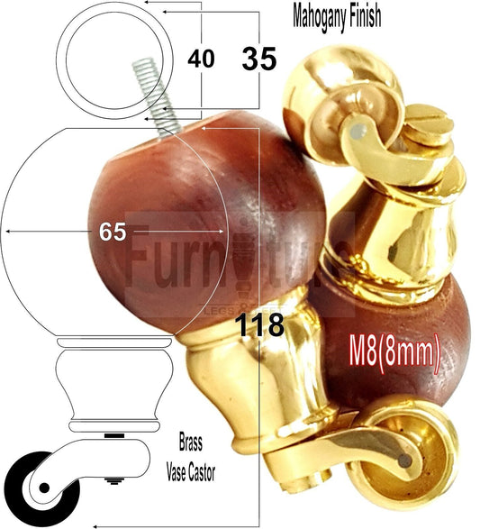 4x Turned Wood with Brass Castor Furniture Chair Settee Legs M8 Sofa Feet 118mm
