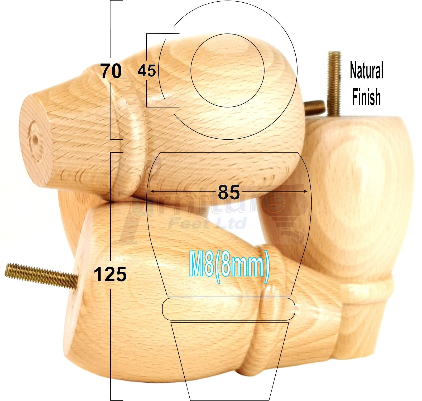 Set Of 4 Solid Wood Turned Replacement Furniture Legs 125mm High 8mm Thread