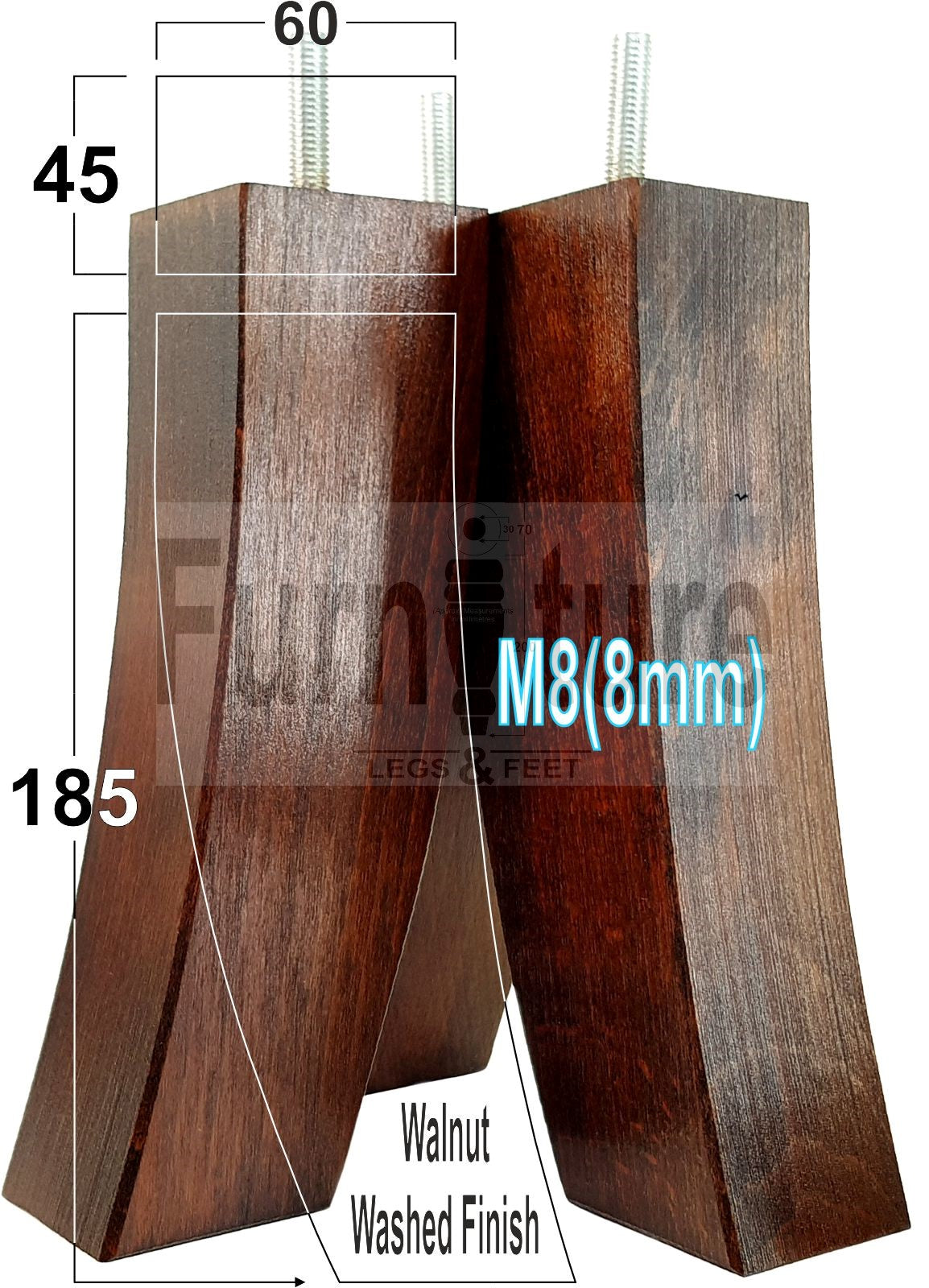 Set Of 4 Solid Wood Curved Furniture Feet Replacement Legs 185mm High M8(8mm)