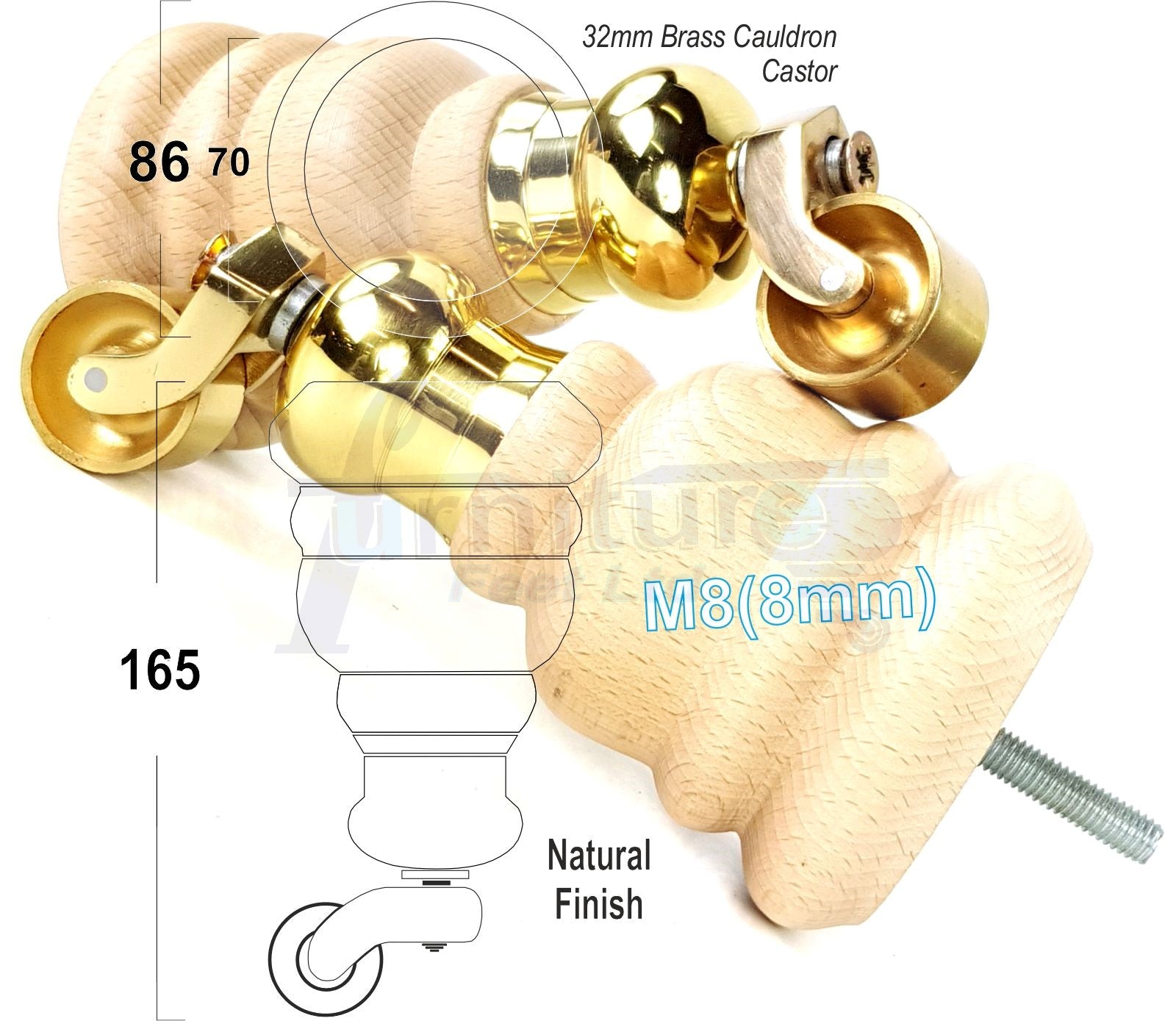 4 Turned Wood Furniture Feet With Brass Cauldron Castors 160mm Legs Sofas Chairs Stools Cabinets Beds M8 6 Inches