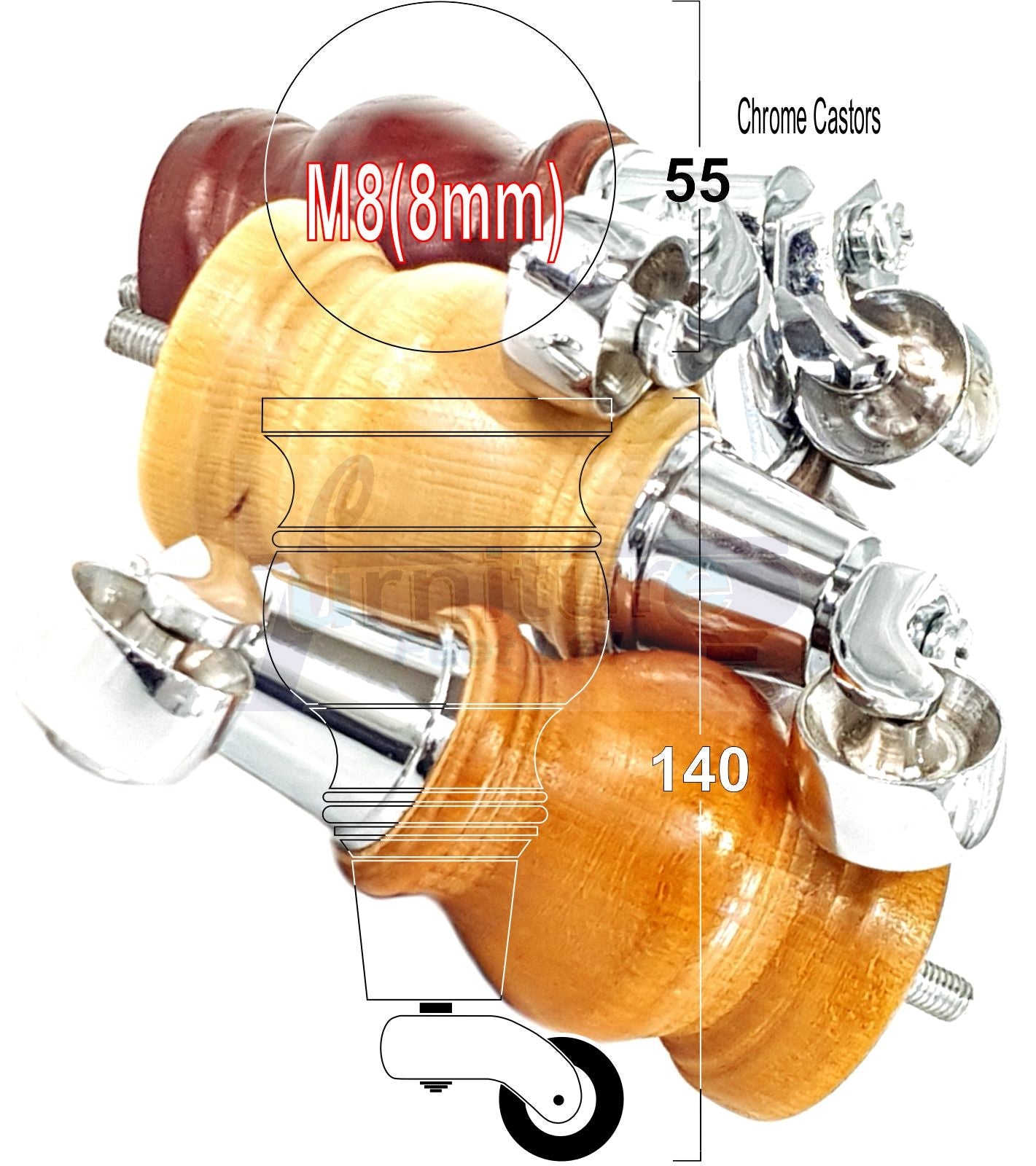4x Turned Wood Furniture Legs With Chrome Castor 150mm High M8 For Settees Chairs & Cabinets