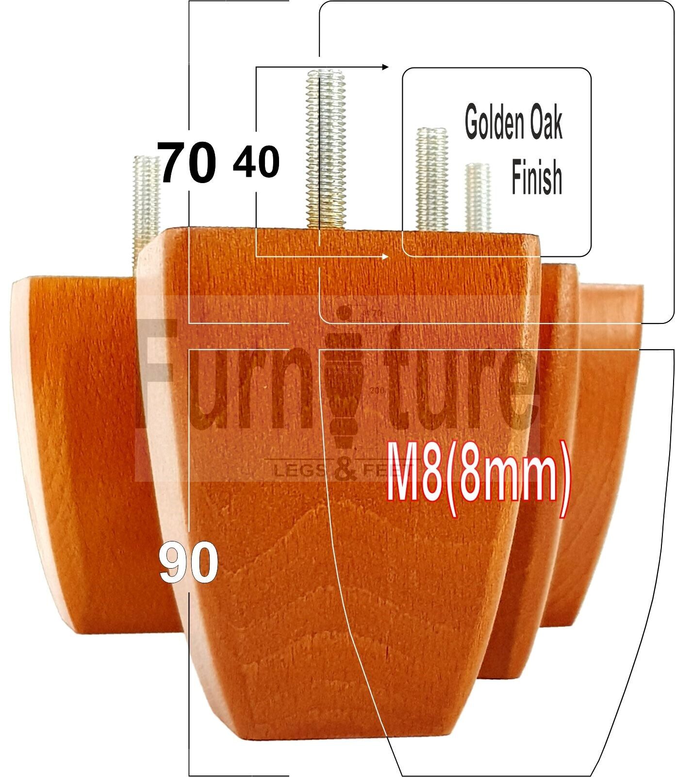 Set Of 4 Solid Wooden Block Furniture Feet Replacement Legs 90mm High M8(8mm)