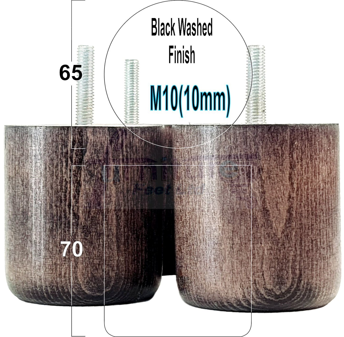 4x Solid Wood Turned Furniture Legs Replacement Bun Feet 70mm High 10mm Thread