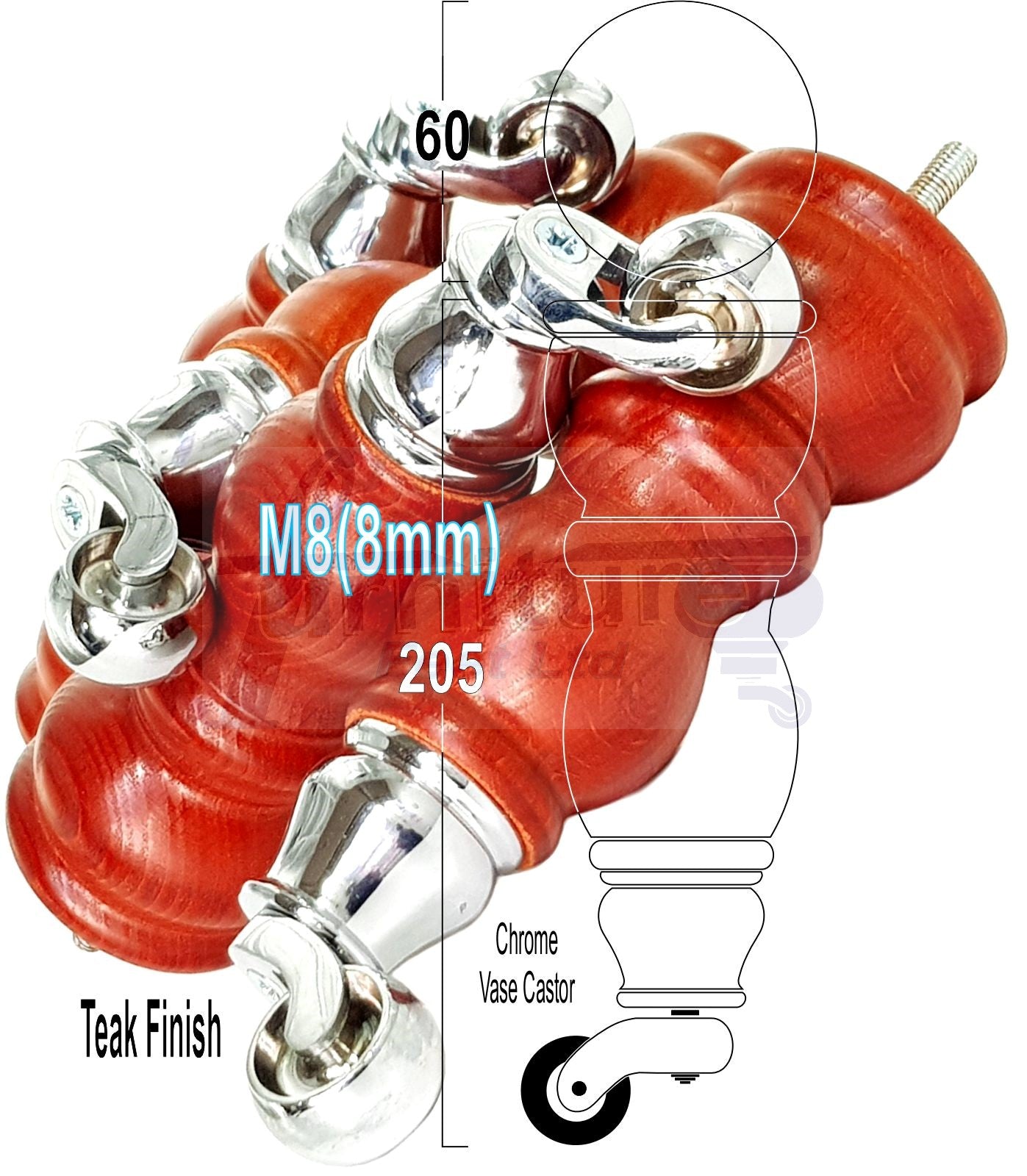 Solid Wood Furniture Feet With Castors Set of 4 Legs 205mm High For Sofas Chairs Stools Cabinets & Beds M8