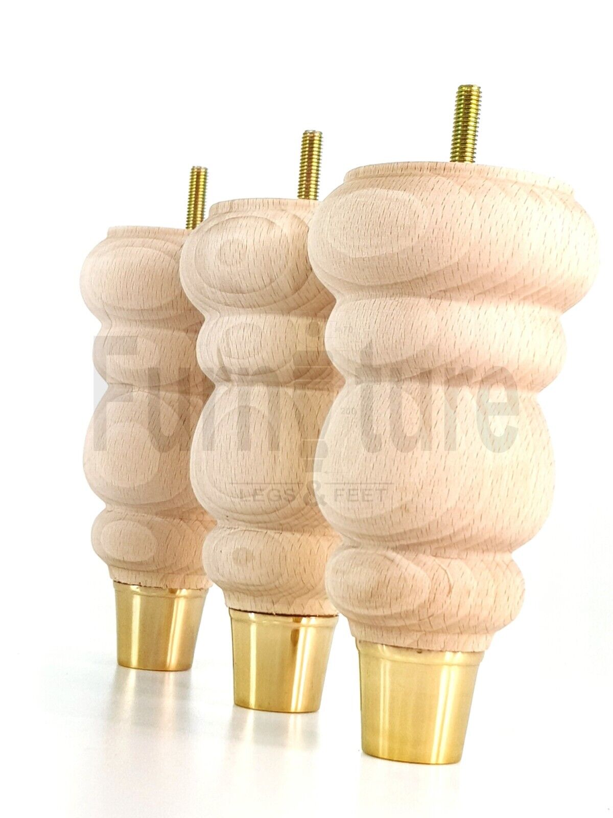 4x Turned M8 Wood Furniture Chair Sofa, Settee Legs Feet Brass Slipper Cup 160mm