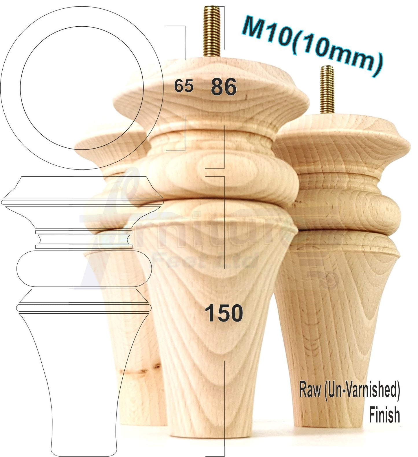 4 Turned Furniture Legs 150mm High Replacement Feet M10 Thread For Settees Chairs Sofas