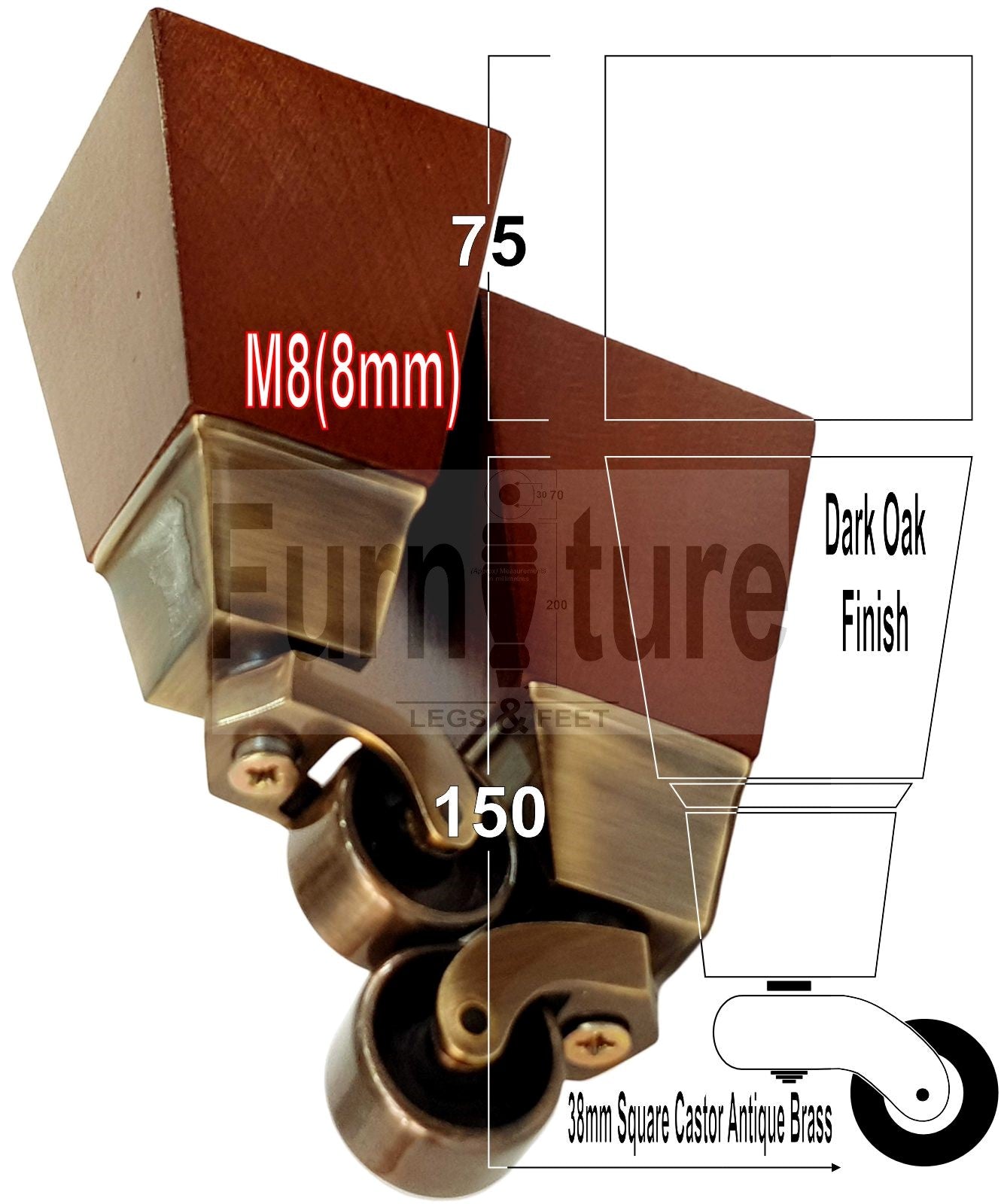 4x Block Wood With Castor Dark Oak Furniture Legs 8mm Thread For Chairs Settees Sofa 150mm High