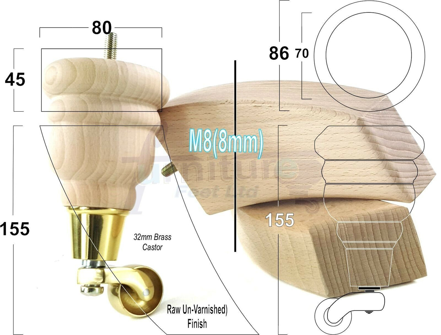 Turned Raw Wood Furniture Feet 2 With Castors 155mm and 2 Curved Back Legs Sofas Chairs Stools Cabinets Beds M8 6 Inches