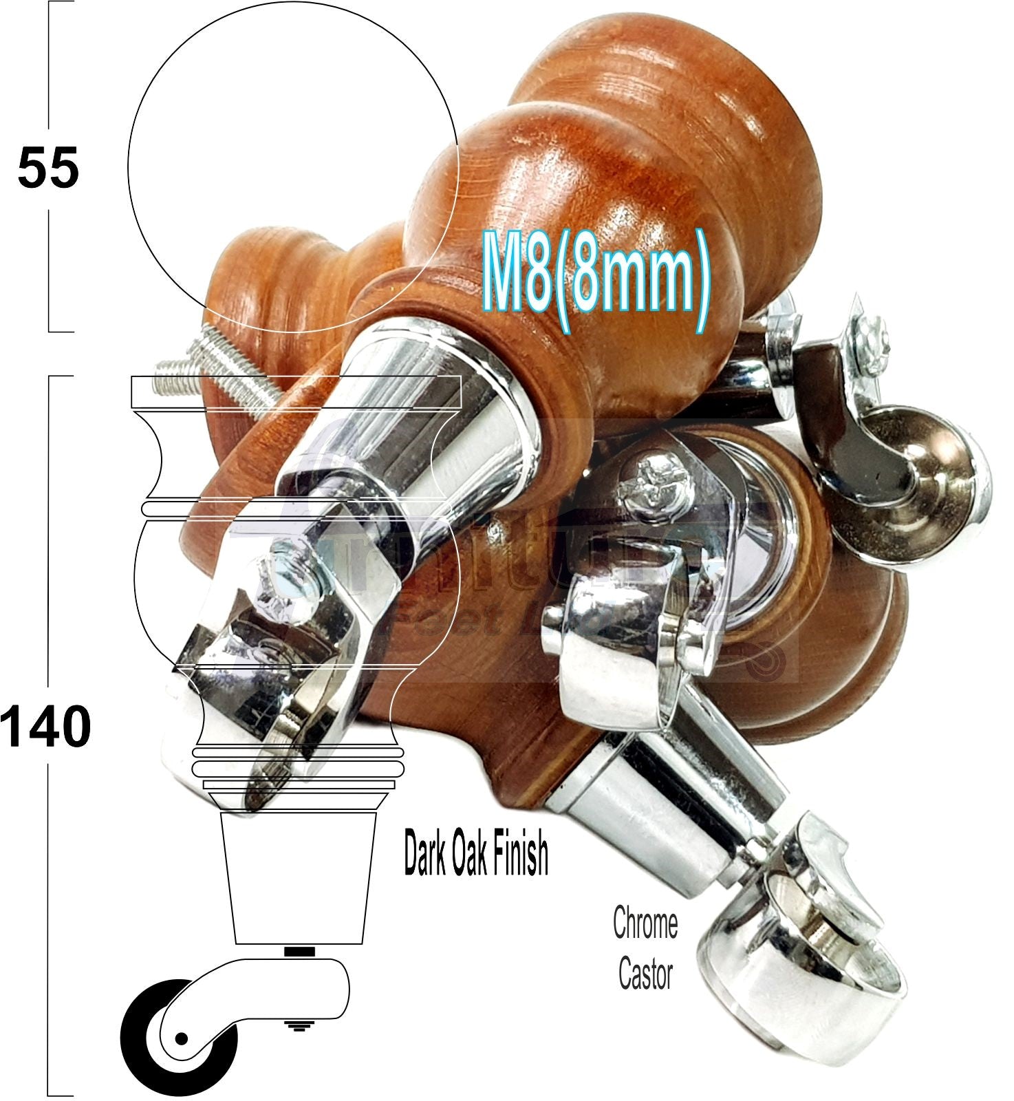 4x Turned Wood Furniture Legs With Chrome Castor 150mm High M8 For Settees Chairs & Cabinets