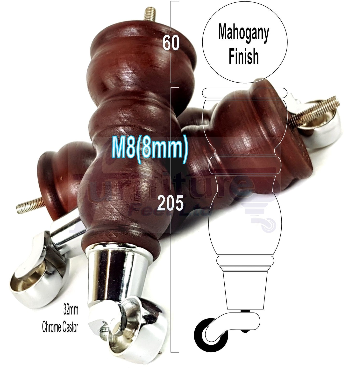 Solid Wood Furniture Feet With Castors Set of 4 Legs 205mm High For Sofas Chairs Cabinets & Beds M8 Mahogany Finish