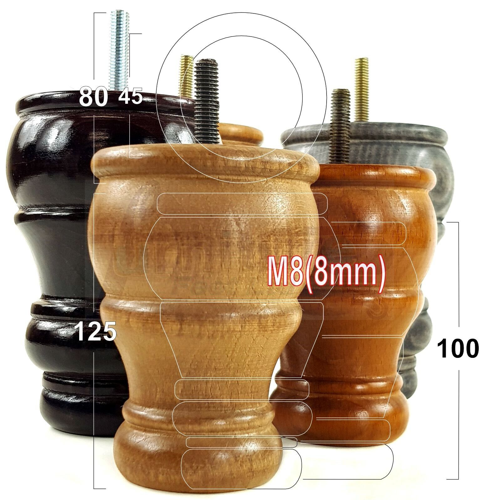 4 Turned Wood Furniture Chair Legs M8 Replacement Sofa Settee Chair Bed Feet 100mm High