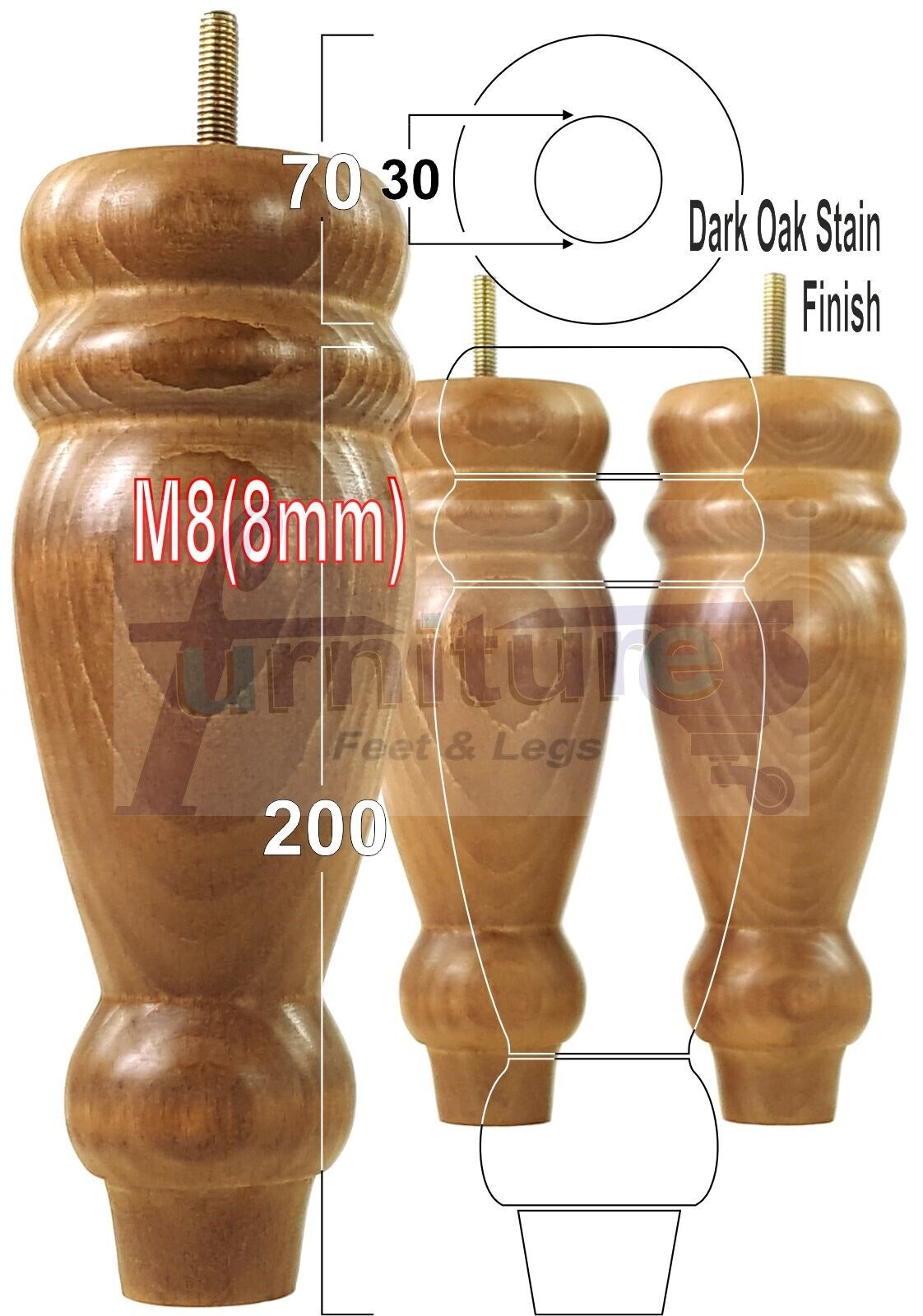 Set Of 4 Turned Furniture Legs Replacement Sofa Feet 200mm High M8 Thread