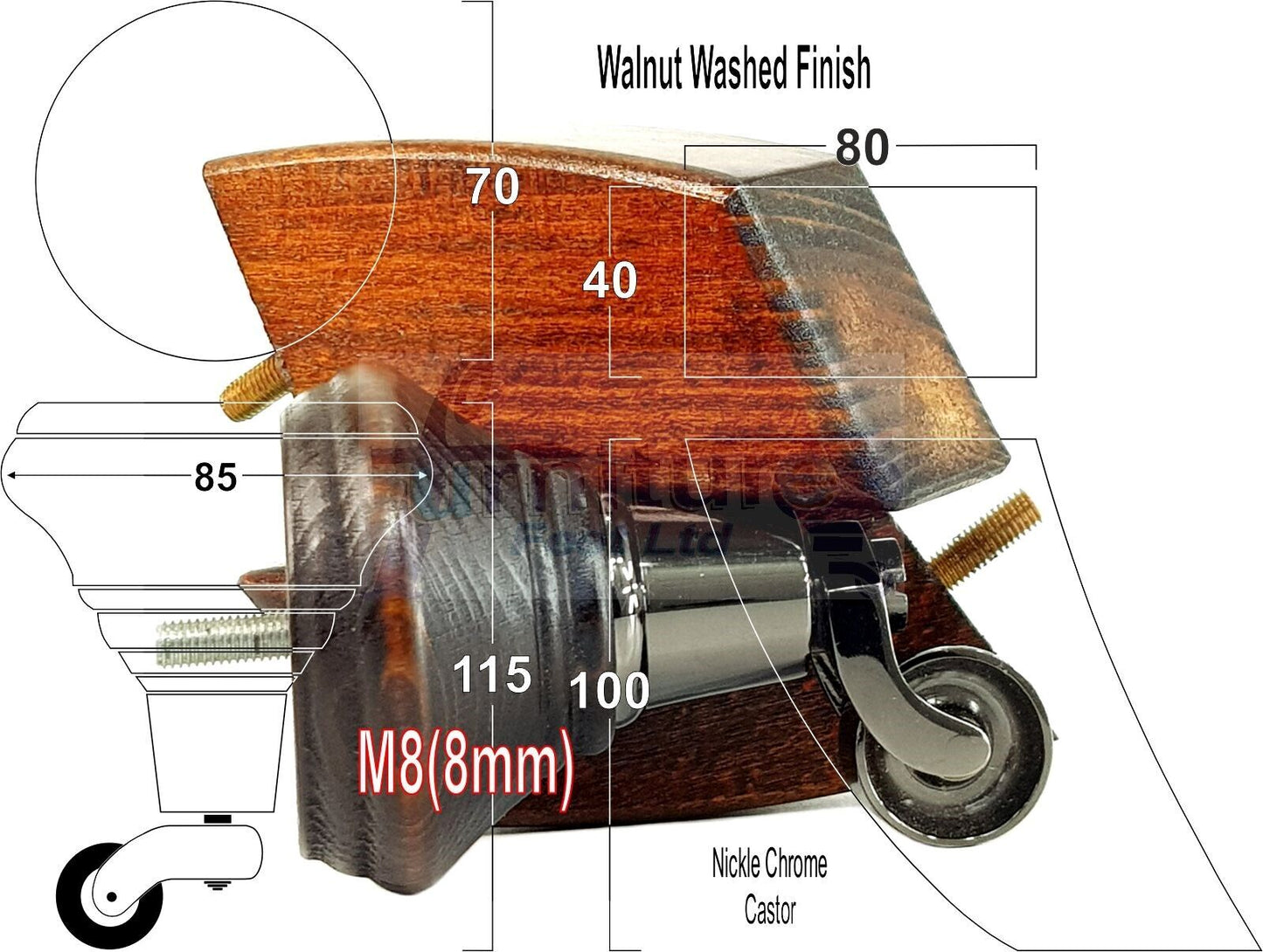 2 Dark Walnut Washed Wood Furniture Sofa Feet With Castor 125mm & 2 Curved Legs Chair Settee 100mm High M8